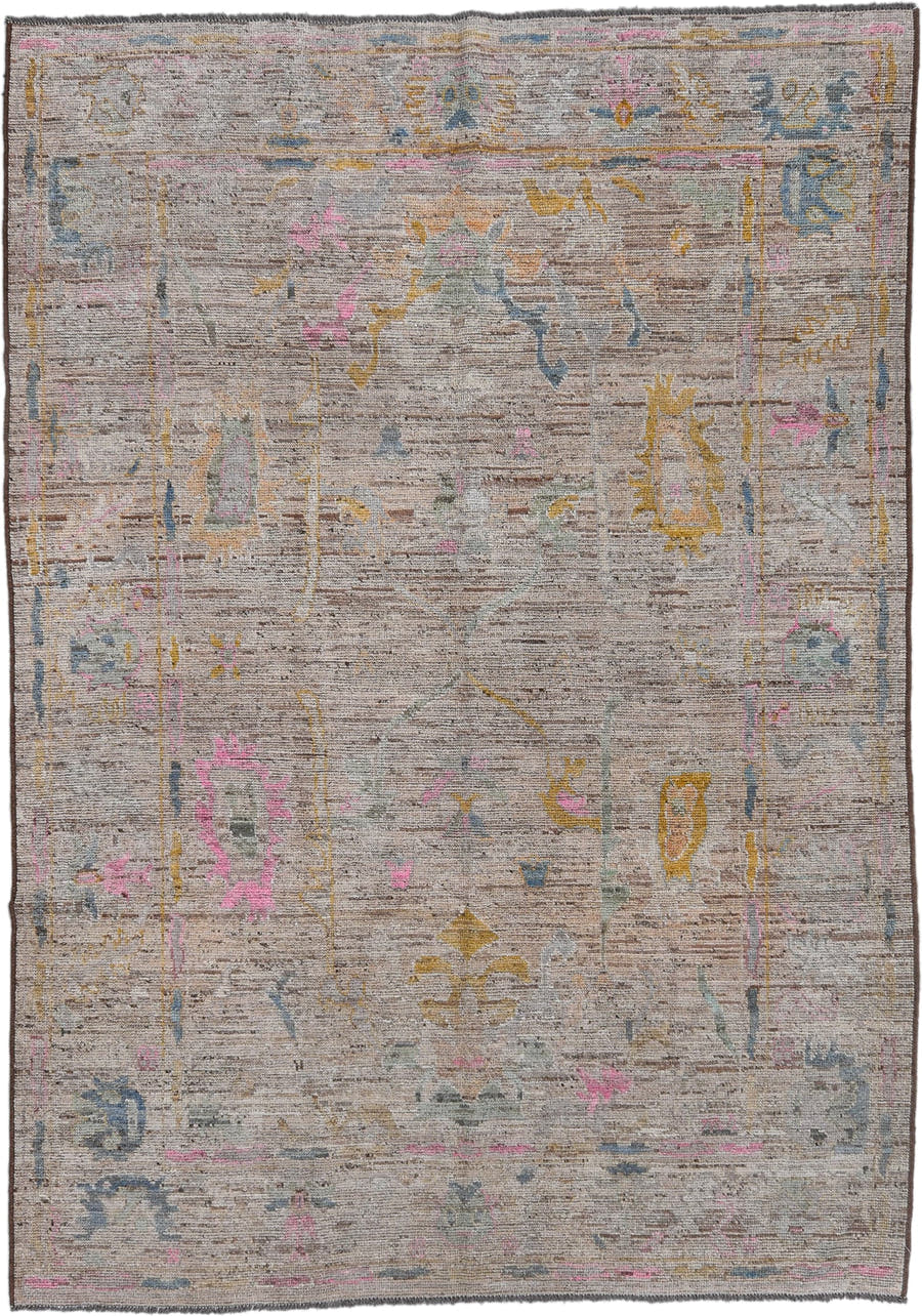 6' x 9' one-of-a-kind handmade vintage Oushak rug. Color palette: taupe, ivory, sky_blue, soft_pink, gold, sage, camel