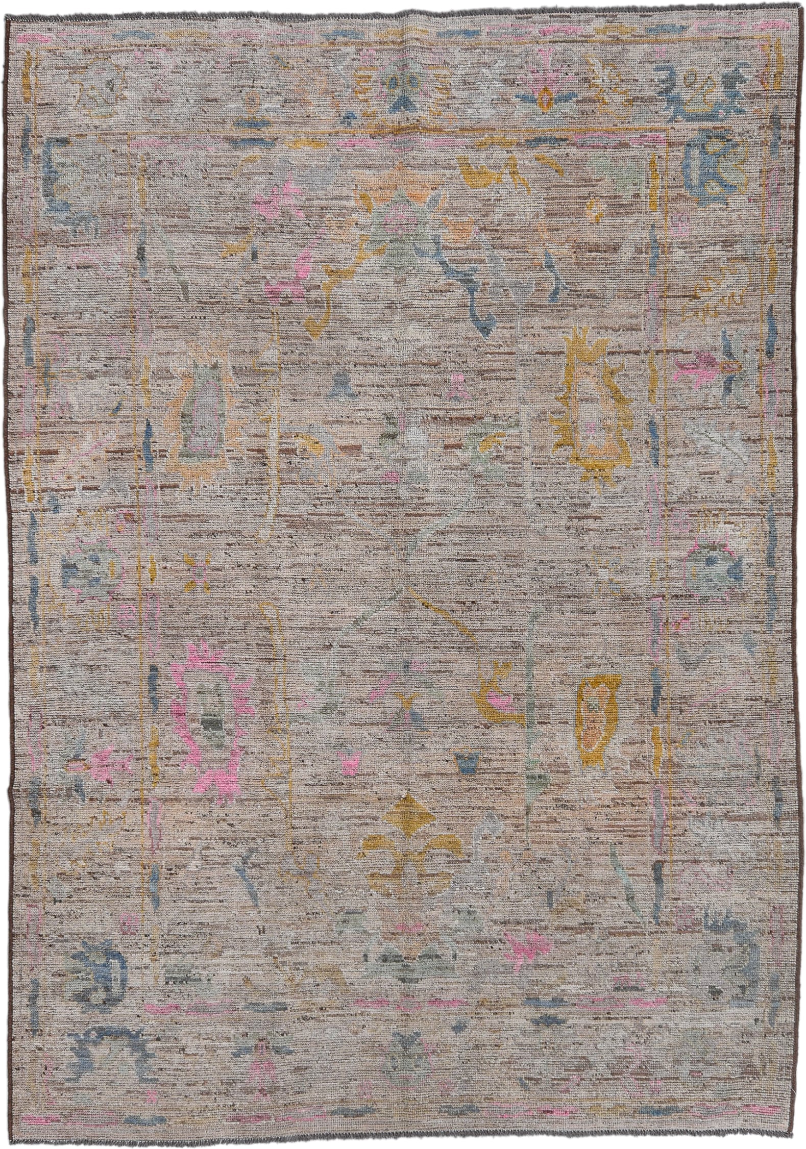 6' x 9' one-of-a-kind handmade vintage Oushak rug. Color palette: taupe, ivory, sky_blue, soft_pink, gold, sage, camel
