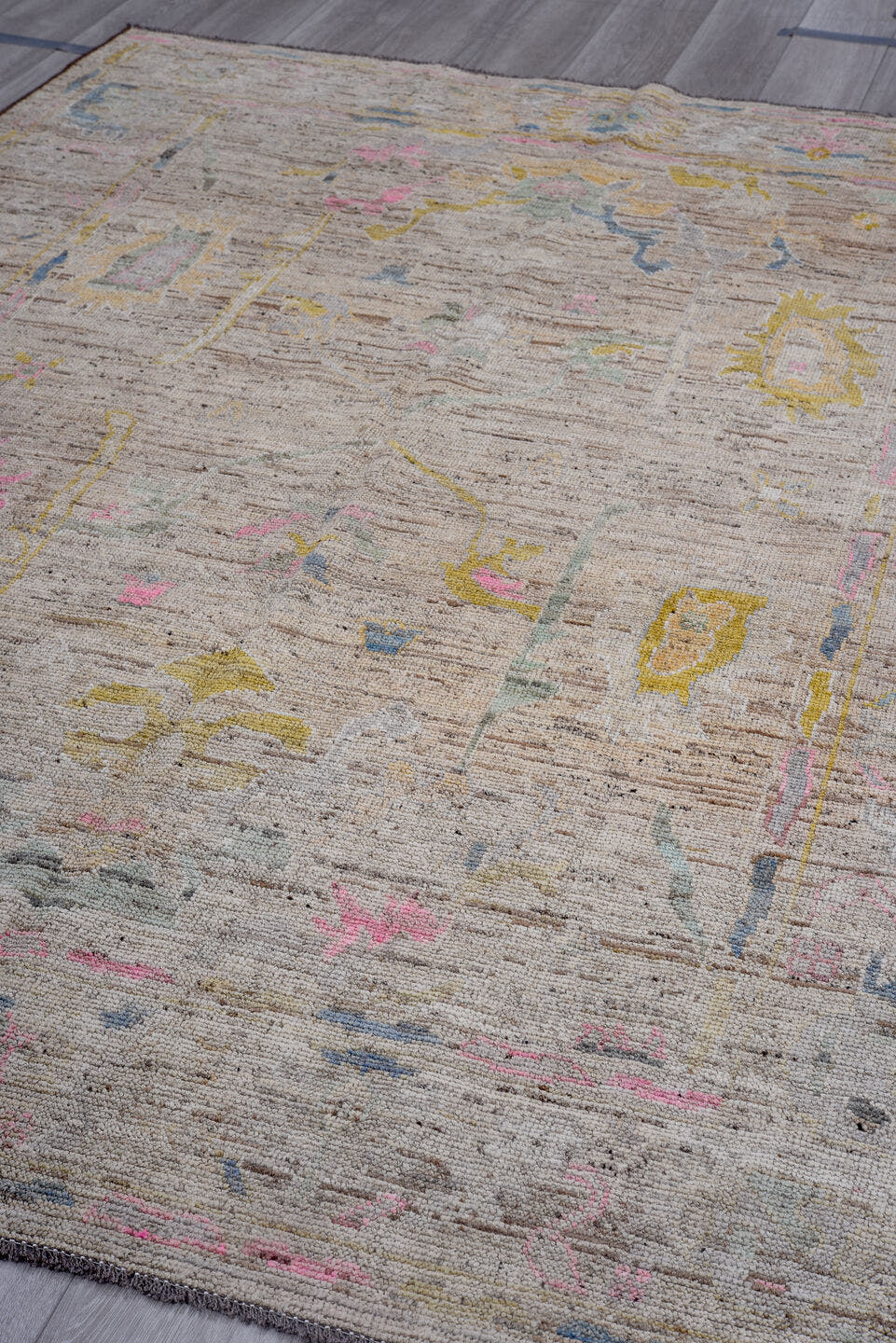 6' x 9' one-of-a-kind handmade vintage Oushak rug. Color palette: taupe, ivory, sky_blue, soft_pink, gold, sage, camel