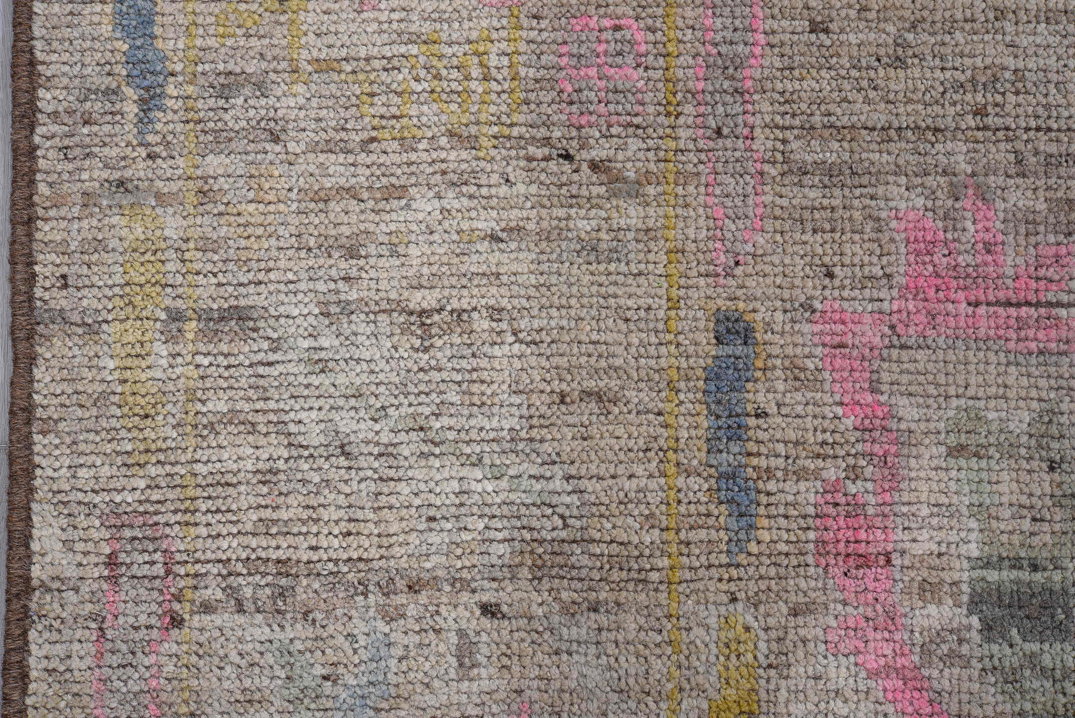 6' x 9' one-of-a-kind handmade vintage Oushak rug. Color palette: taupe, ivory, sky_blue, soft_pink, gold, sage, camel