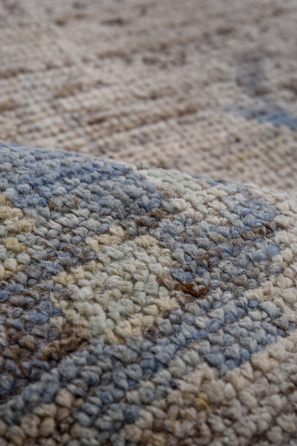 6' x 9' one-of-a-kind handmade vintage Oushak rug. Color palette: taupe, ivory, sky_blue, soft_pink, gold, sage, camel