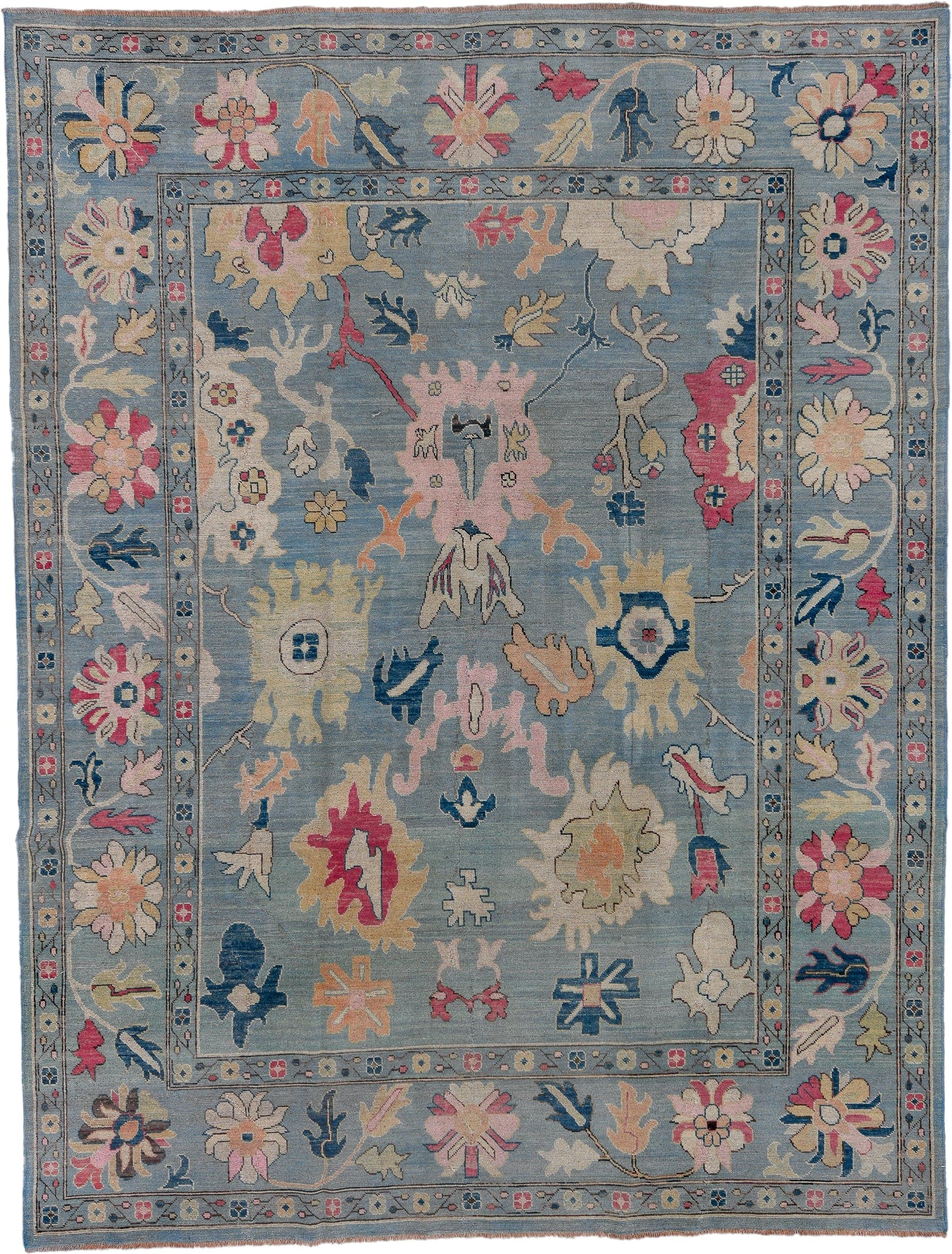 8' x 11' one-of-a-kind handmade vintage Oushak large size rug. Color palette: light blue, ivory, pink, navy, peach, gold