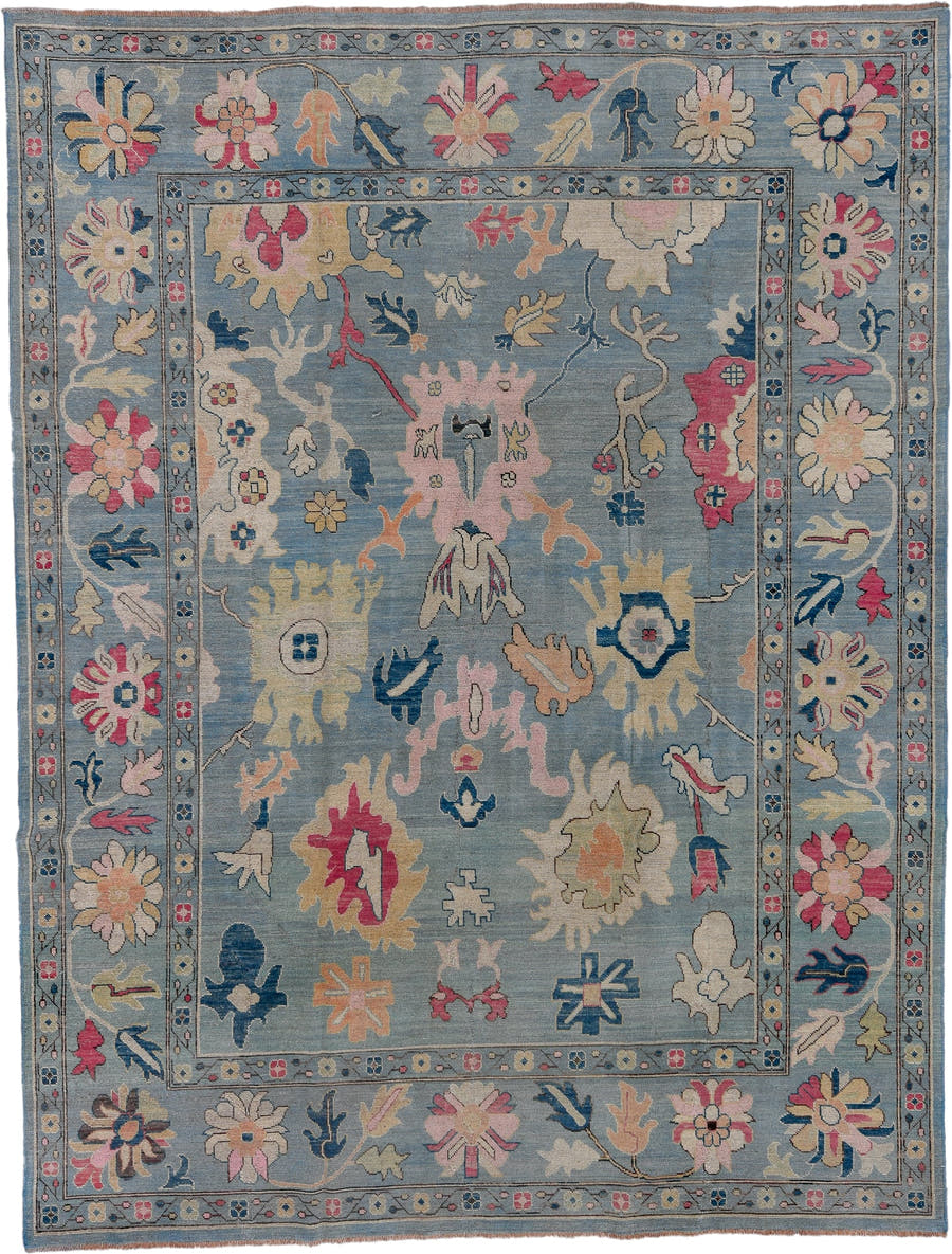 8' x 11' one-of-a-kind handmade vintage Oushak large size rug. Color palette: light blue, ivory, pink, navy, peach, gold