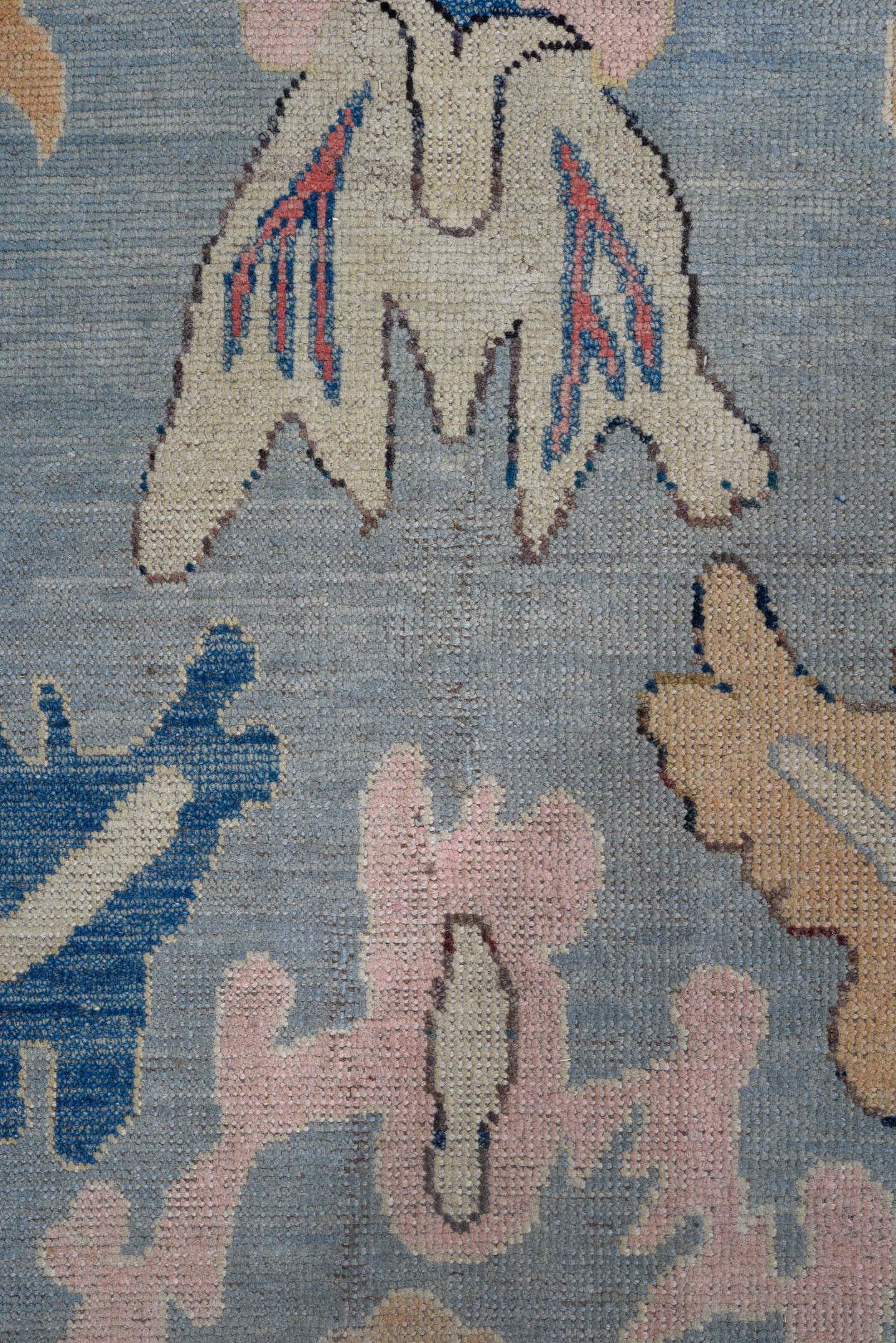 8' x 11' one-of-a-kind handmade vintage Oushak large size rug. Color palette: light blue, ivory, pink, navy, peach, gold