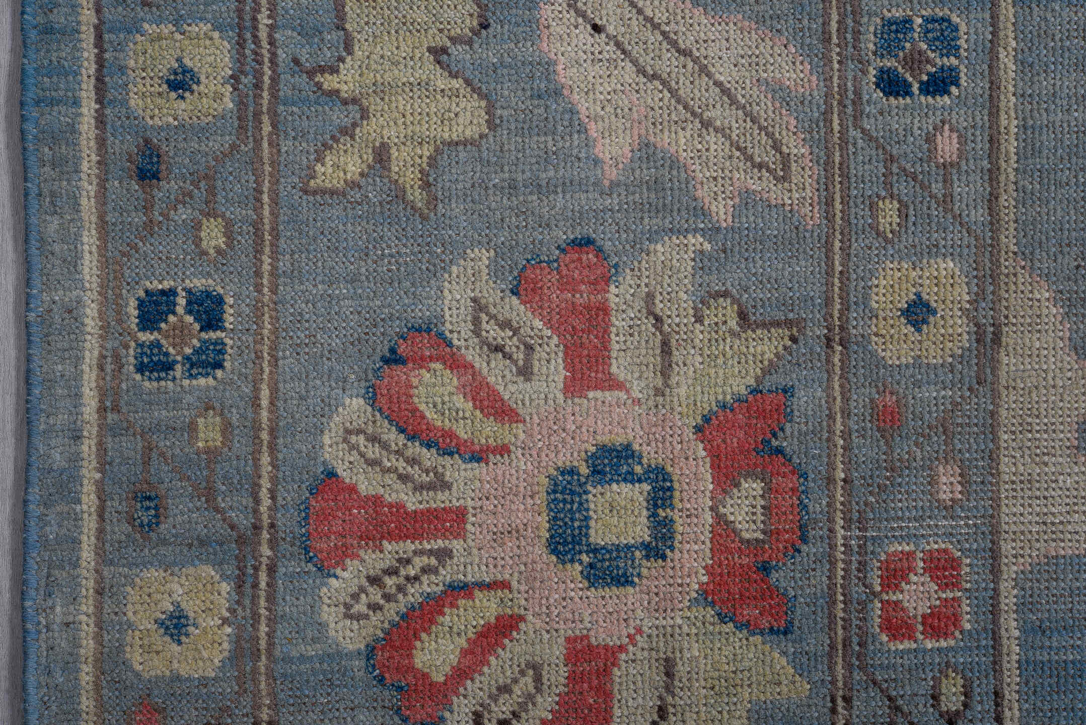 8' x 11' one-of-a-kind handmade vintage Oushak large size rug. Color palette: light blue, ivory, pink, navy, peach, gold