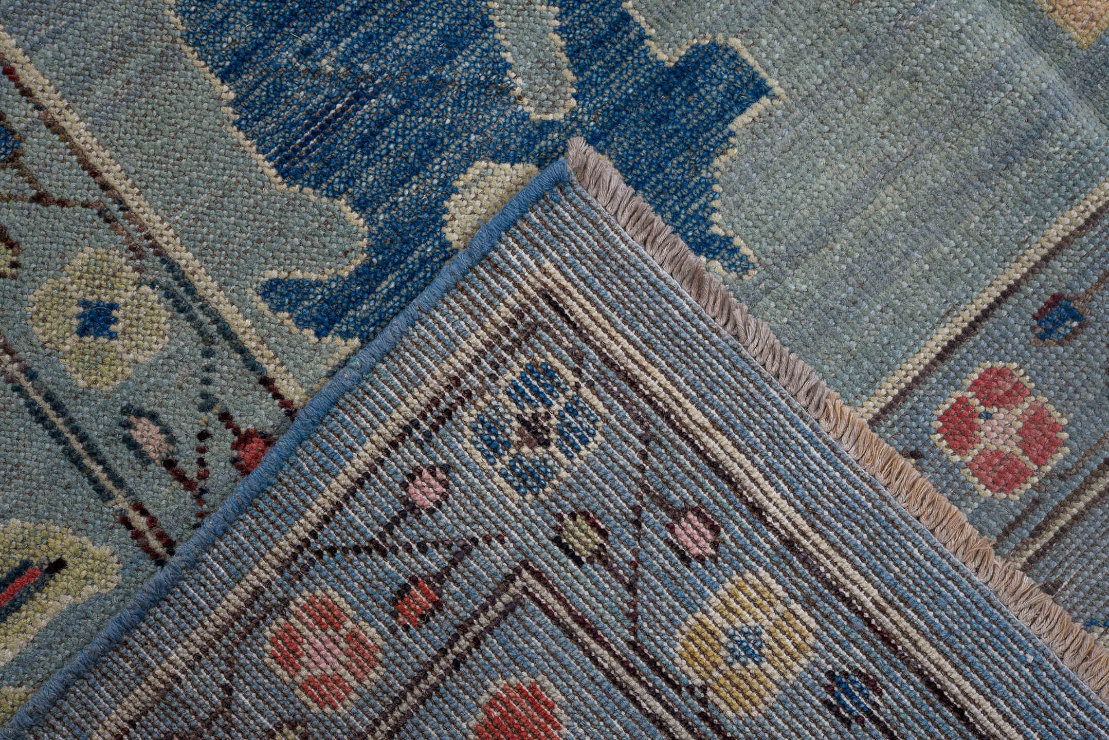 8' x 11' one-of-a-kind handmade vintage Oushak large size rug. Color palette: light blue, ivory, pink, navy, peach, gold