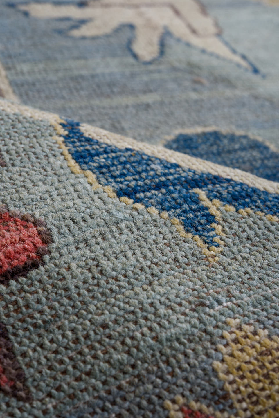 8' x 11' one-of-a-kind handmade vintage Oushak large size rug. Color palette: light blue, ivory, pink, navy, peach, gold
