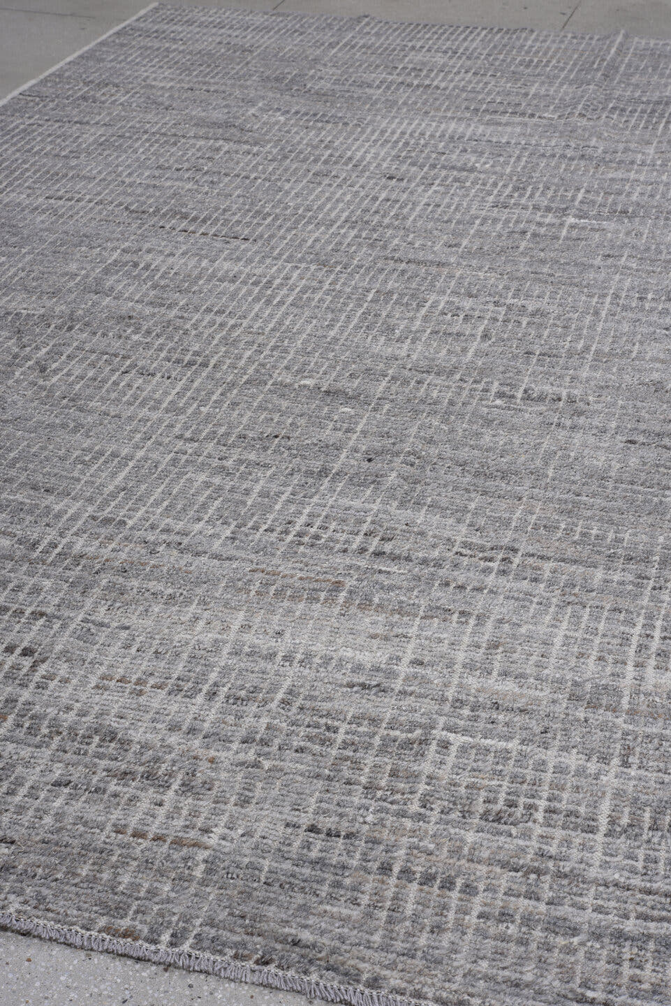 7' x 12' one-of-a-kind handmade vintage Tulu large size rug. Color palette: gray, ivory, charcoal, taupe, black, beige
