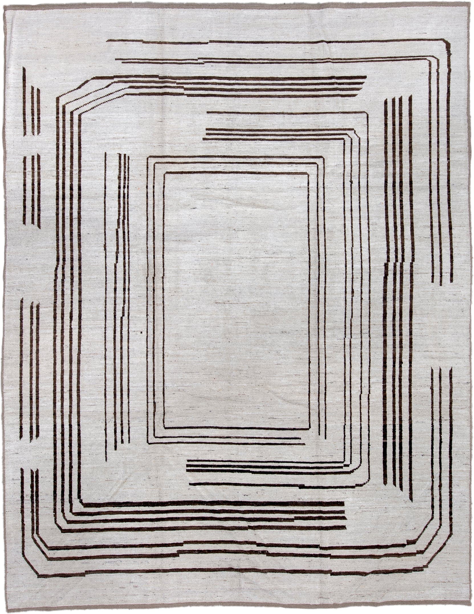 9' x 11' one-of-a-kind handmade vintage Tulu large size rug. Color palette: ivory, brown, taupe, charcoal, beige, gray