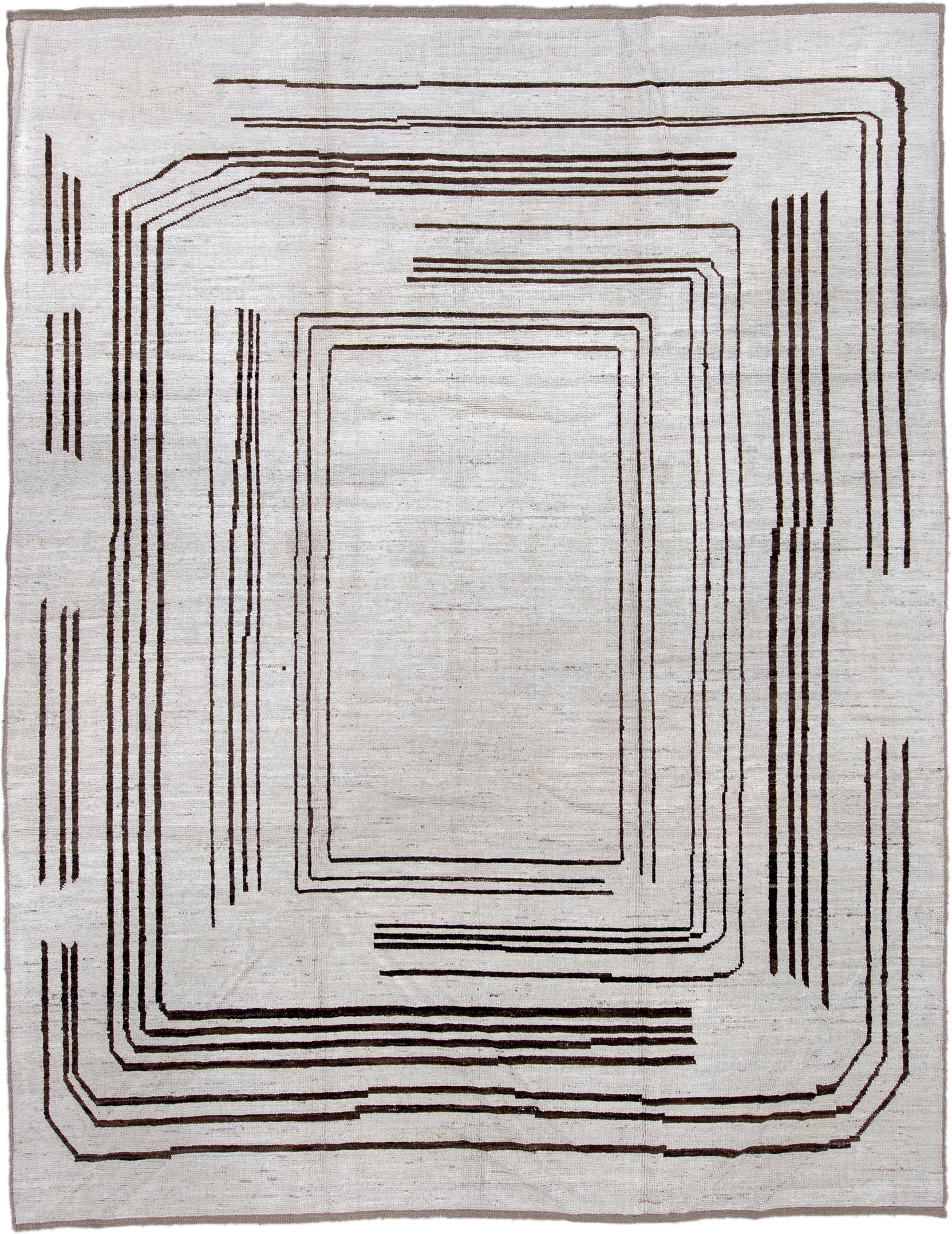 9' x 11' one-of-a-kind handmade vintage Tulu large size rug. Color palette: ivory, brown, taupe, charcoal, beige, gray
