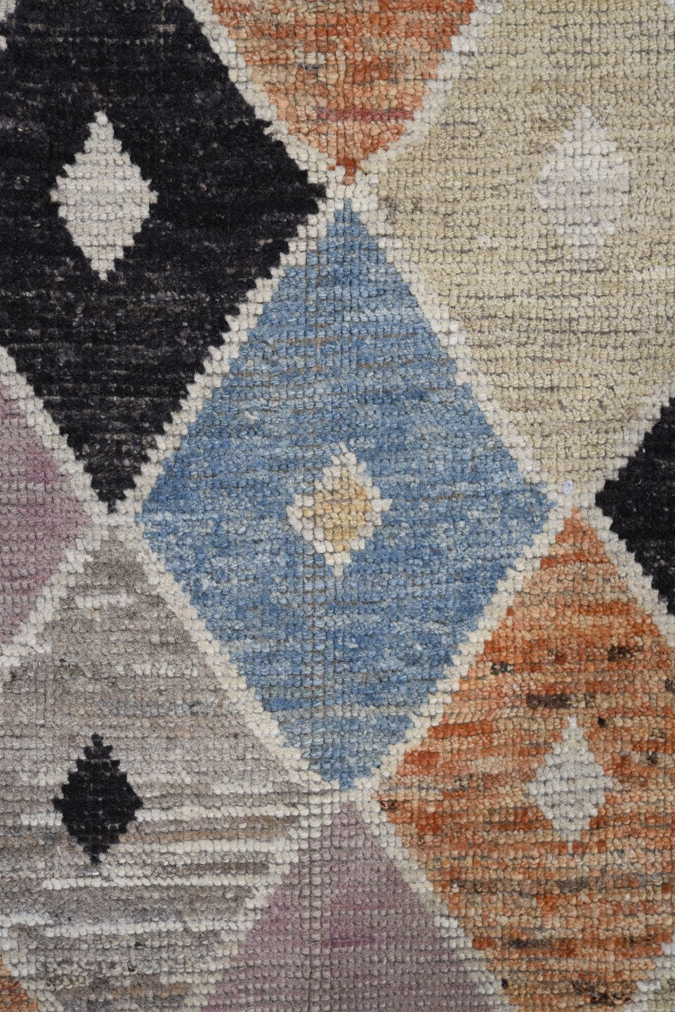 7' x 10' one-of-a-kind handmade vintage Tulu large size rug. Color palette: ivory, blush, charcoal, sky blue, terra cotta