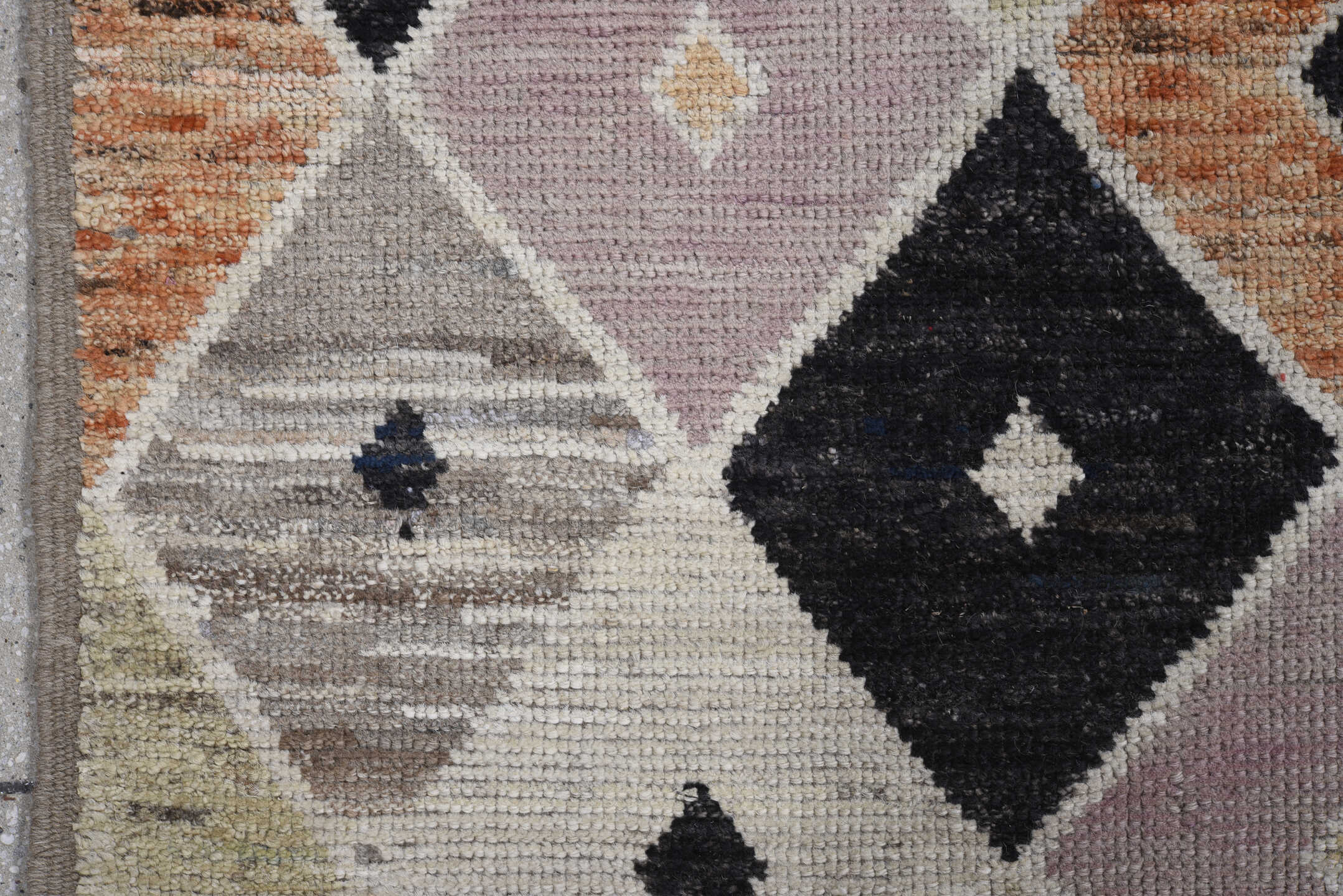 7' x 10' one-of-a-kind handmade vintage Tulu large size rug. Color palette: ivory, blush, charcoal, sky blue, terra cotta