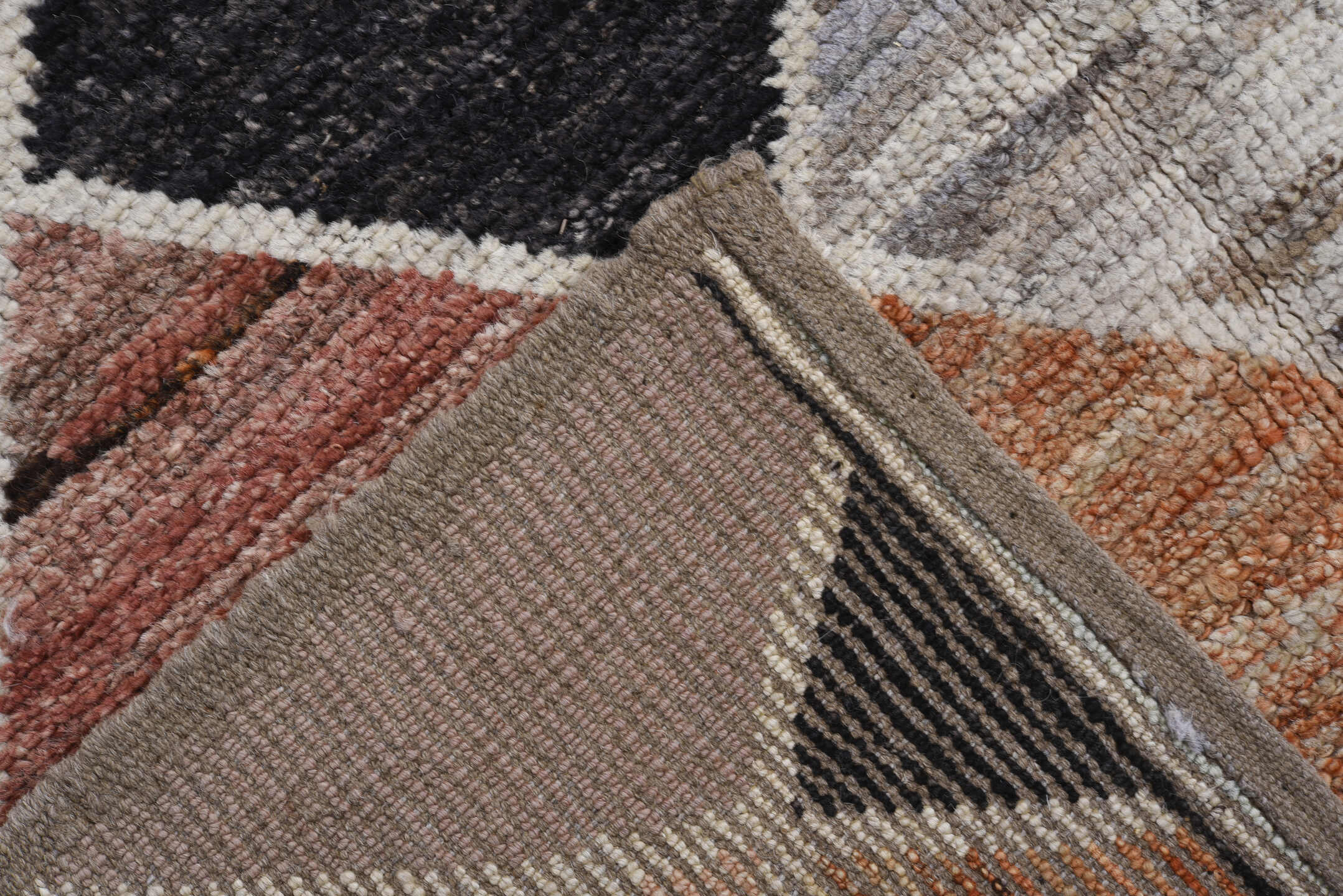 7' x 10' one-of-a-kind handmade vintage Tulu large size rug. Color palette: ivory, blush, charcoal, sky blue, terra cotta