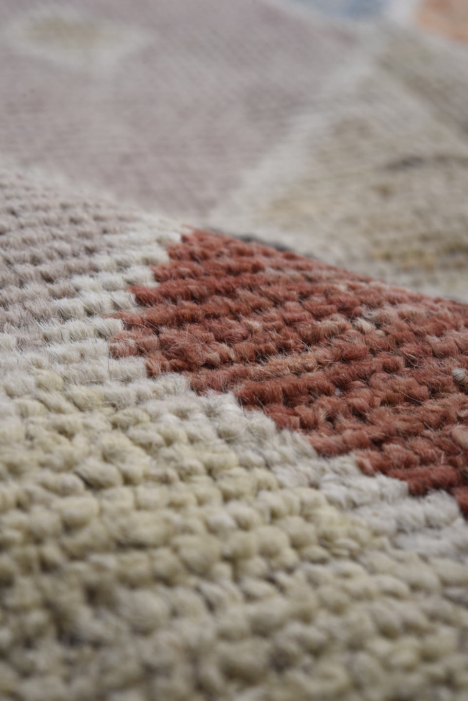 7' x 10' one-of-a-kind handmade vintage Tulu large size rug. Color palette: ivory, blush, charcoal, sky blue, terra cotta