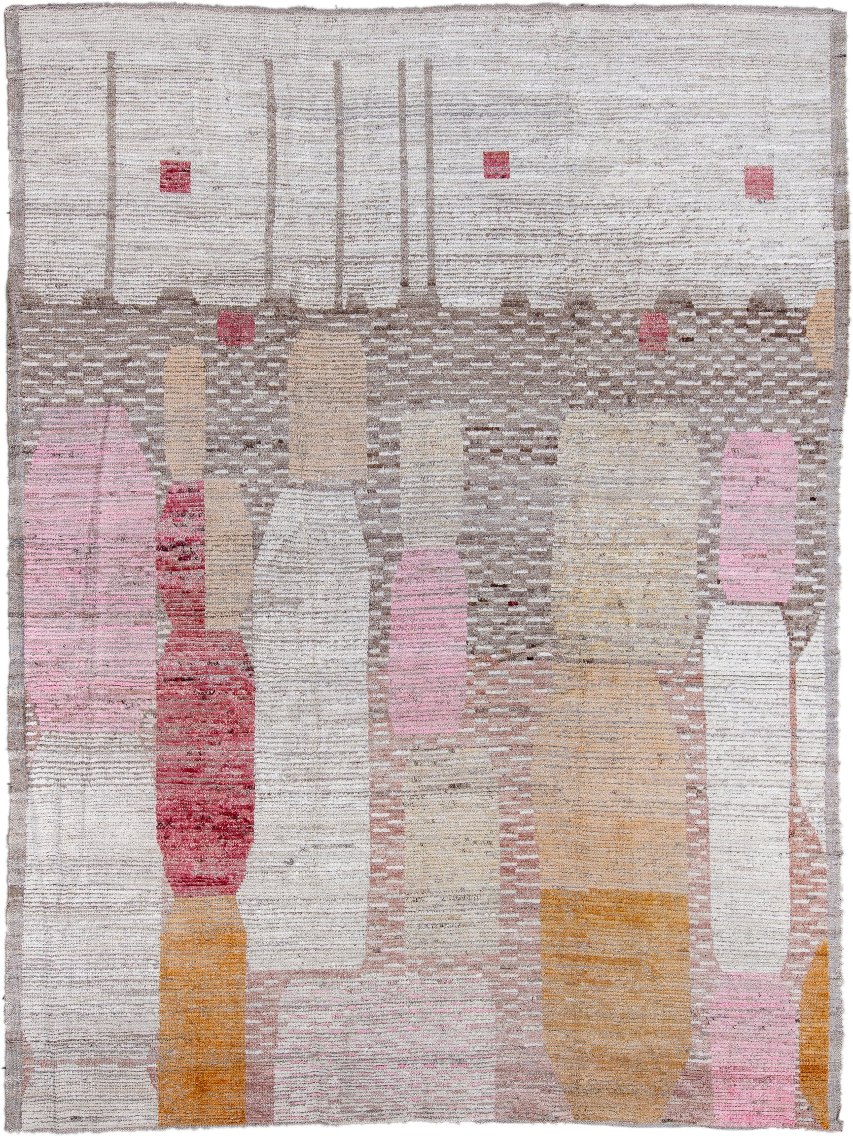 9' x 12' one-of-a-kind handmade vintage Tulu large size rug. Color palette: ivory, taupe, blush, rose, saffron