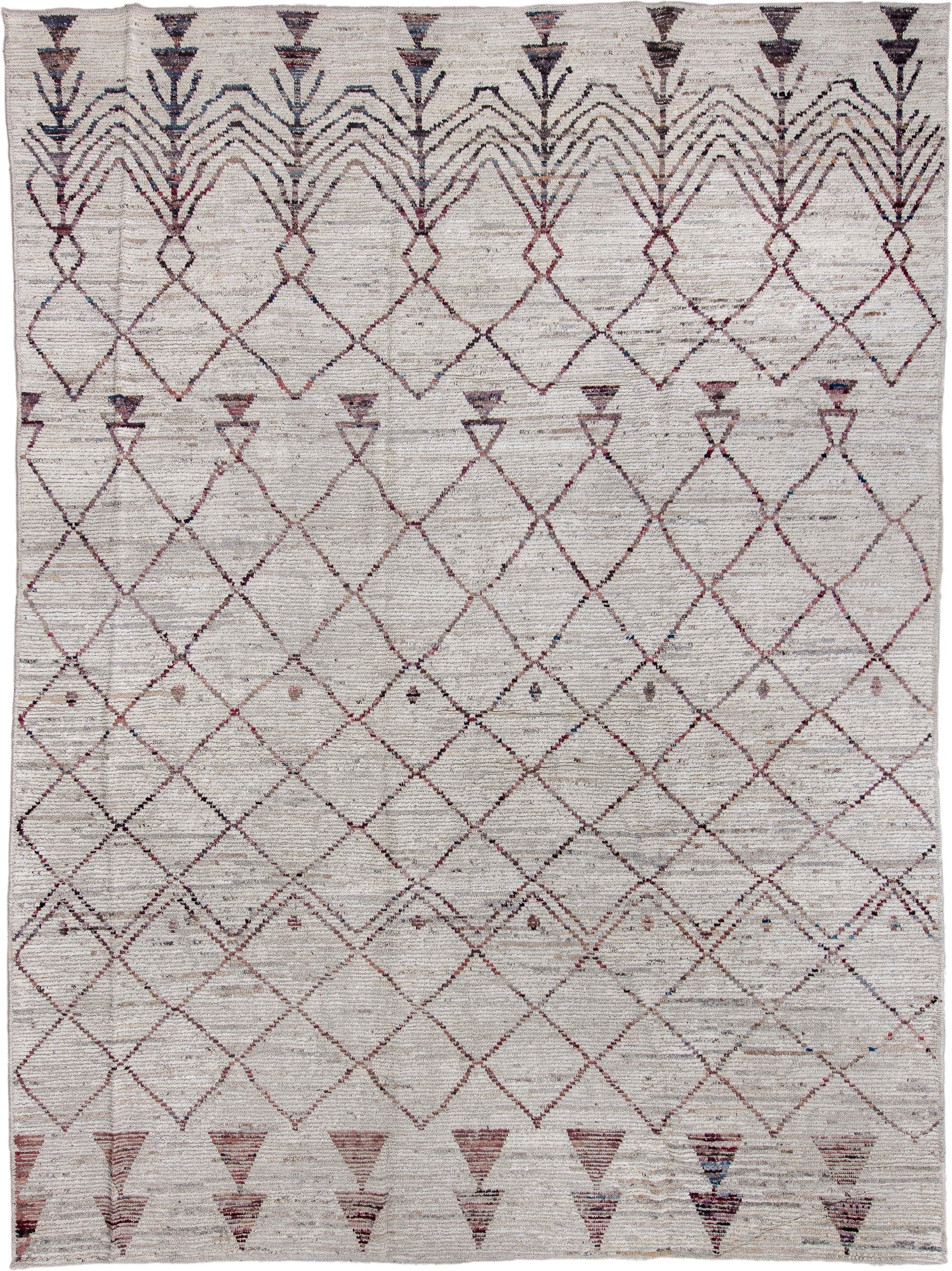 10' x 13' one-of-a-kind handmade vintage Tulu large size rug. Color palette: ivory, burgundy, charcoal, taupe, slate