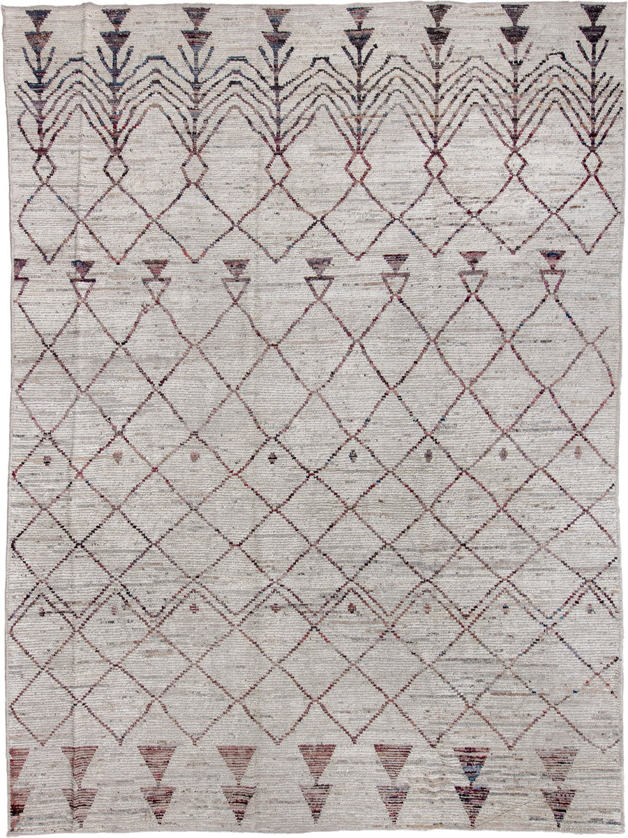 10' x 13' one-of-a-kind handmade vintage Tulu large size rug. Color palette: ivory, burgundy, charcoal, taupe, slate