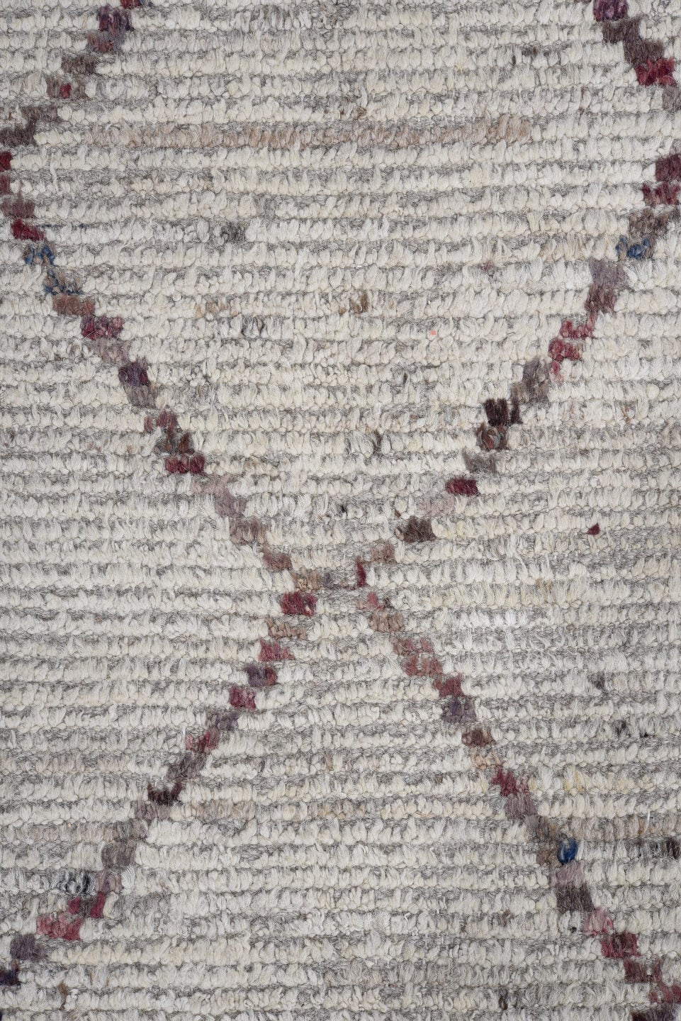 10' x 13' one-of-a-kind handmade vintage Tulu large size rug. Color palette: ivory, burgundy, charcoal, taupe, slate