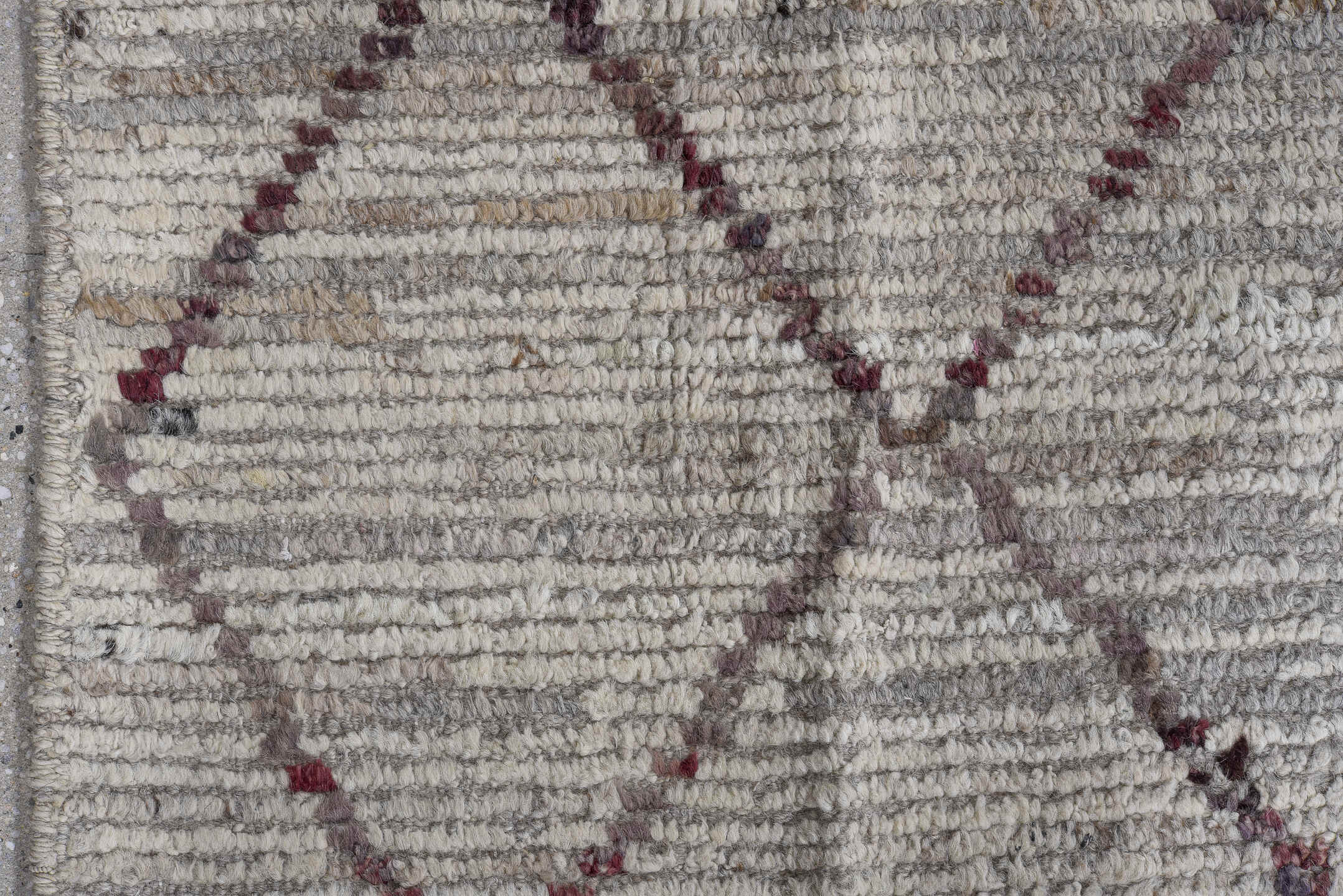 10' x 13' one-of-a-kind handmade vintage Tulu large size rug. Color palette: ivory, burgundy, charcoal, taupe, slate