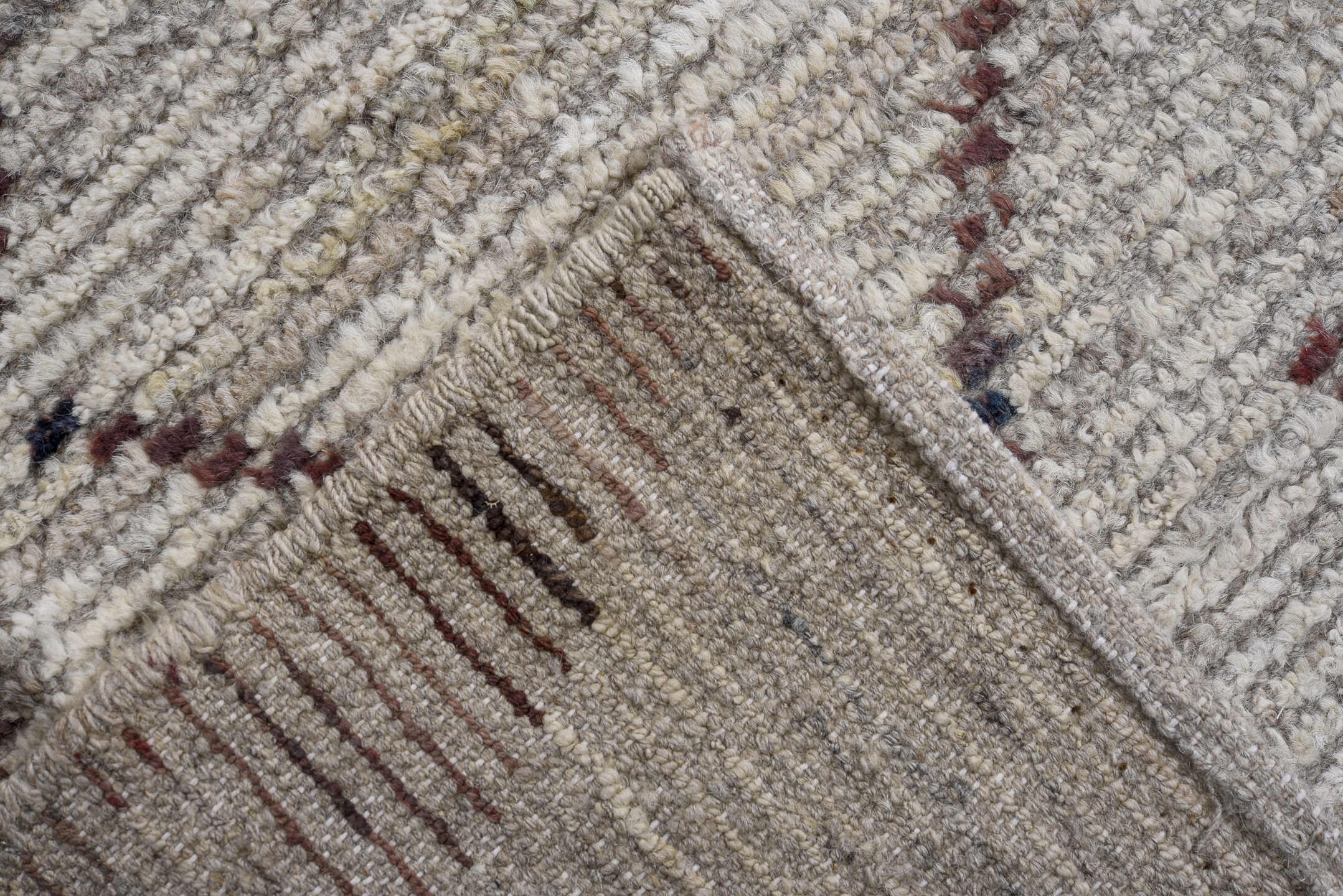10' x 13' one-of-a-kind handmade vintage Tulu large size rug. Color palette: ivory, burgundy, charcoal, taupe, slate
