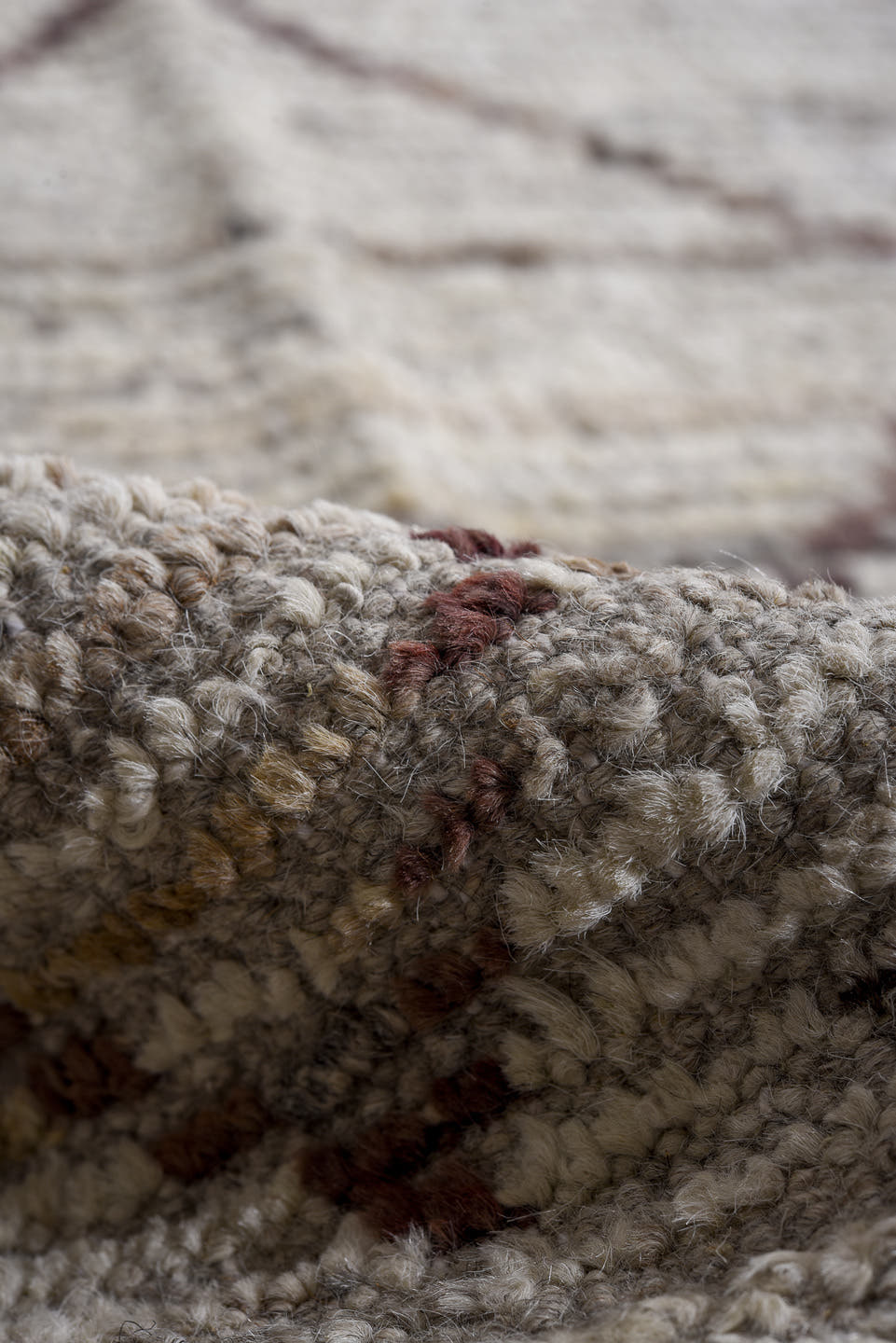 10' x 13' one-of-a-kind handmade vintage Tulu large size rug. Color palette: ivory, burgundy, charcoal, taupe, slate