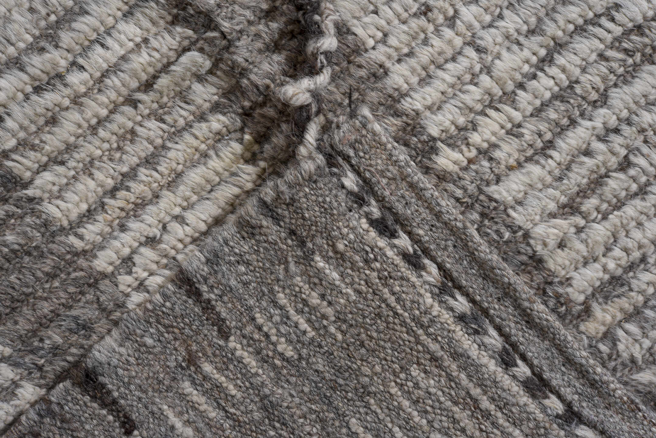 10' x 13' one-of-a-kind handmade vintage Tulu large size rug. Color palette: ivory, gray, taupe, charcoal, brown, beige