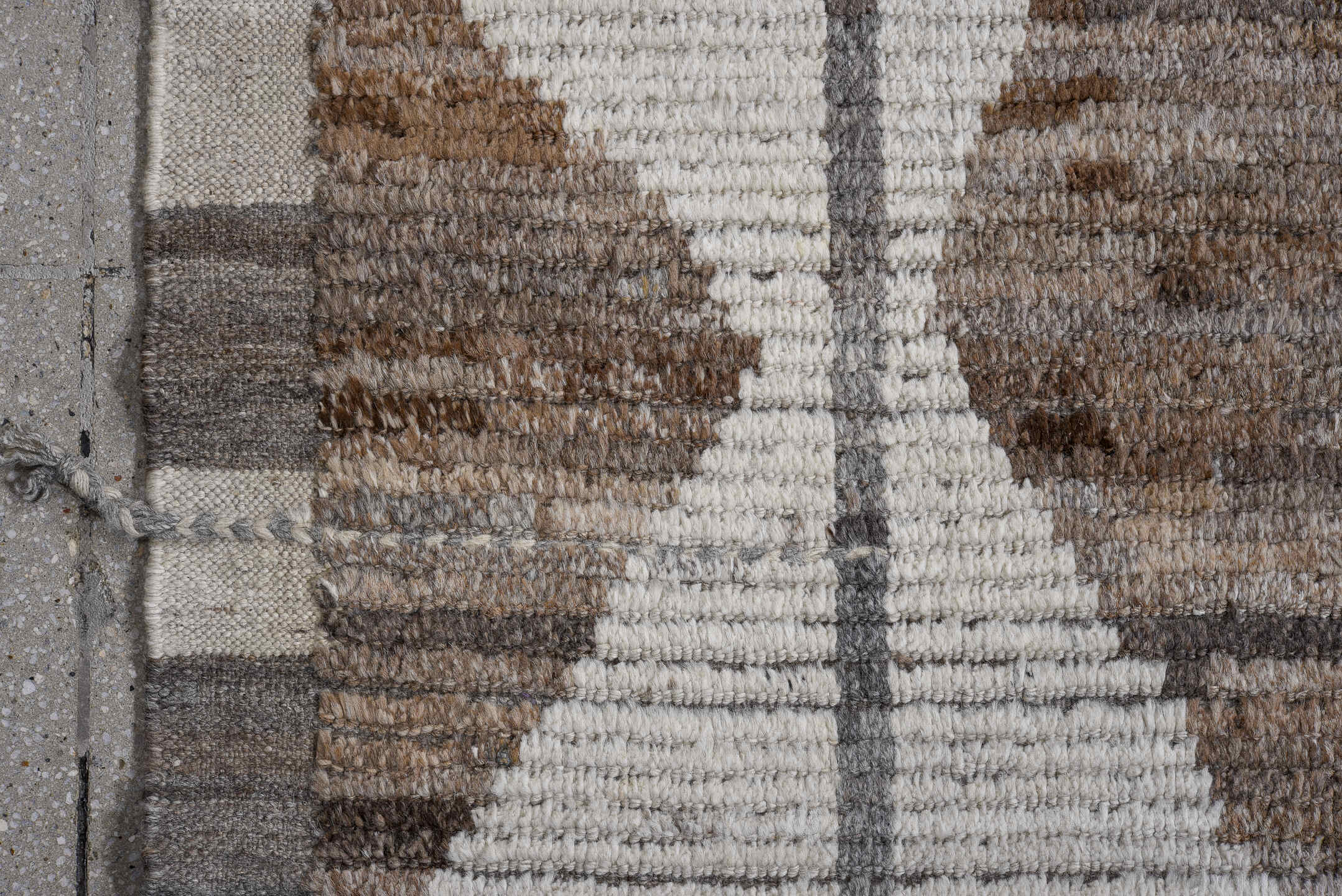 11' x 13' one-of-a-kind handmade vintage Tulu oversize rug. Color palette: ivory, taupe, gray, brown, beige