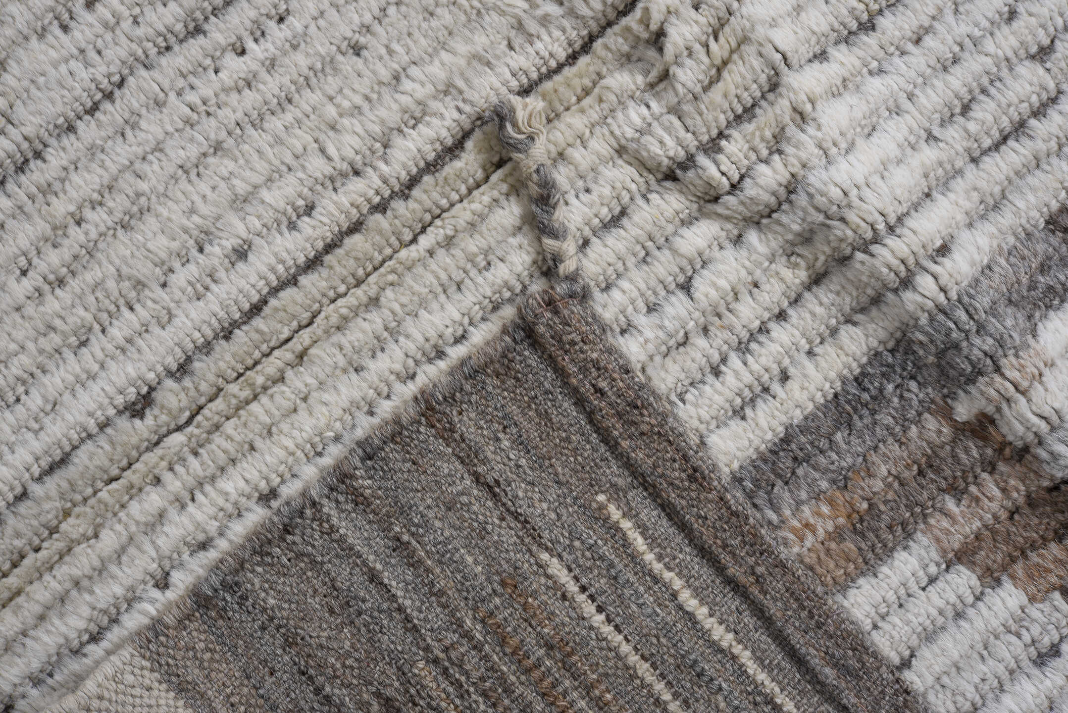 11' x 13' one-of-a-kind handmade vintage Tulu oversize rug. Color palette: ivory, taupe, gray, brown, beige