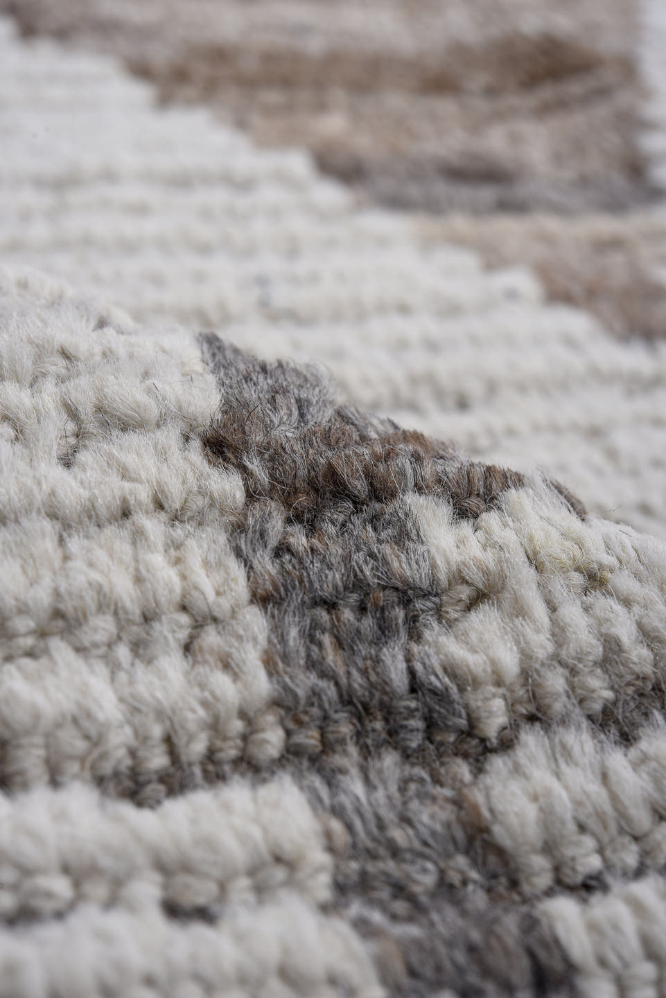 11' x 13' one-of-a-kind handmade vintage Tulu oversize rug. Color palette: ivory, taupe, gray, brown, beige