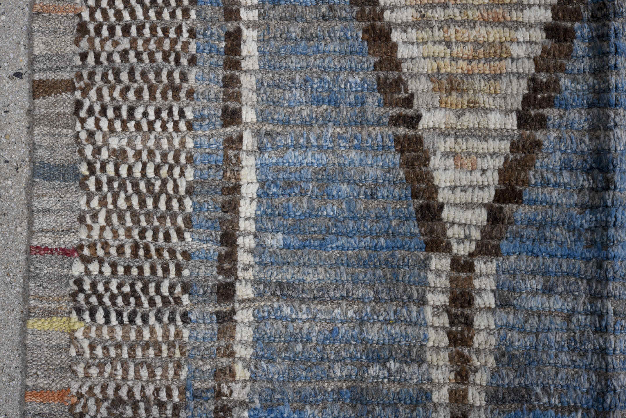 10' x 13' one-of-a-kind handmade vintage Tulu large size rug. Color palette: sky blue, ivory, brown, taupe, peach, charcoal