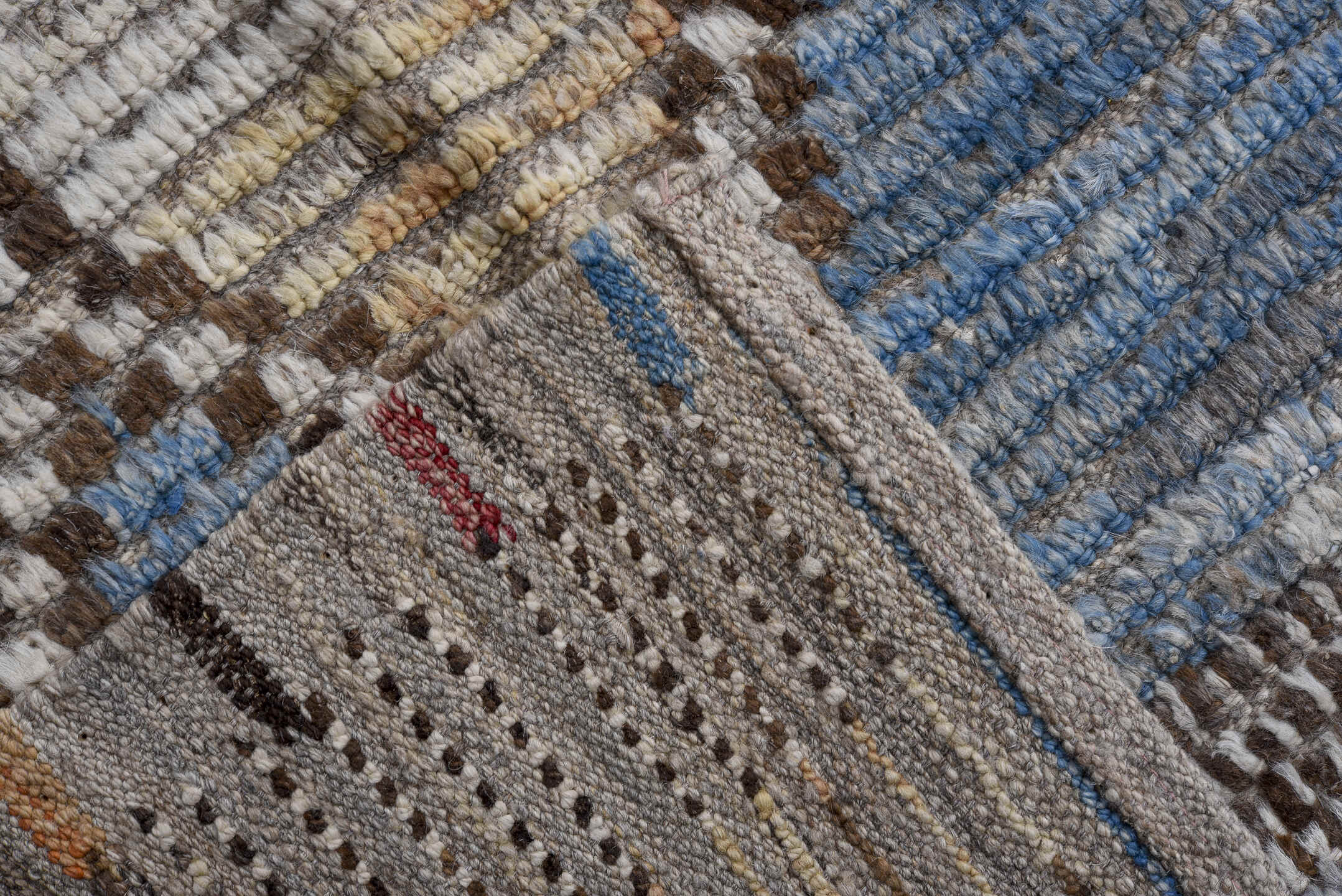 10' x 13' one-of-a-kind handmade vintage Tulu large size rug. Color palette: sky blue, ivory, brown, taupe, peach, charcoal