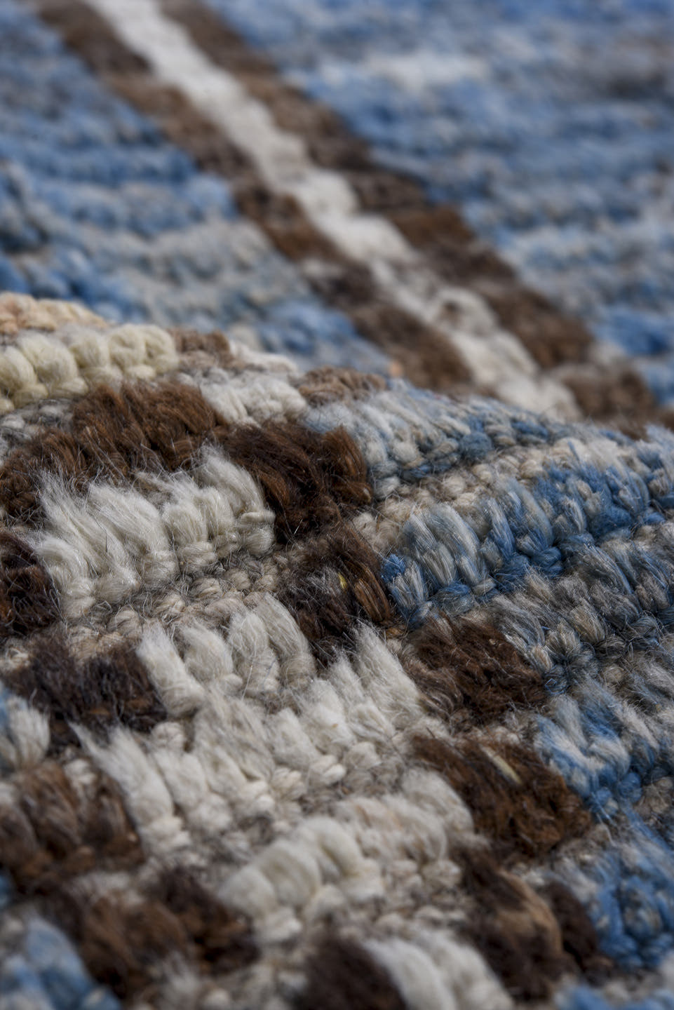 10' x 13' one-of-a-kind handmade vintage Tulu large size rug. Color palette: sky blue, ivory, brown, taupe, peach, charcoal