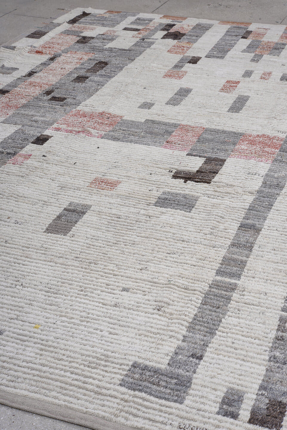 8' x 12' one-of-a-kind handmade vintage Tulu large size rug. Color palette: ivory, gray, charcoal, blush, taupe, black, pink
