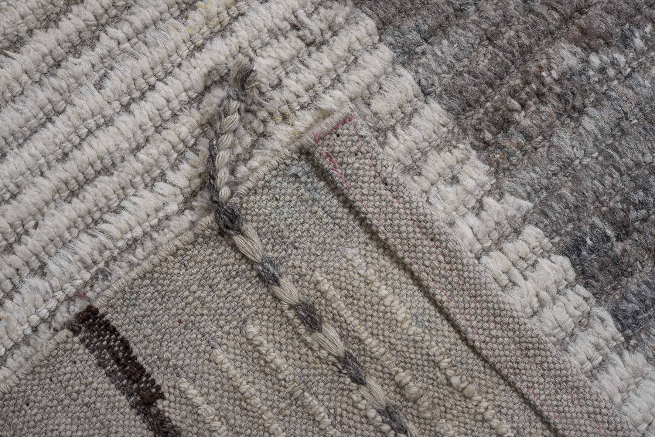 8' x 12' one-of-a-kind handmade vintage Tulu large size rug. Color palette: ivory, gray, charcoal, blush, taupe, black, pink
