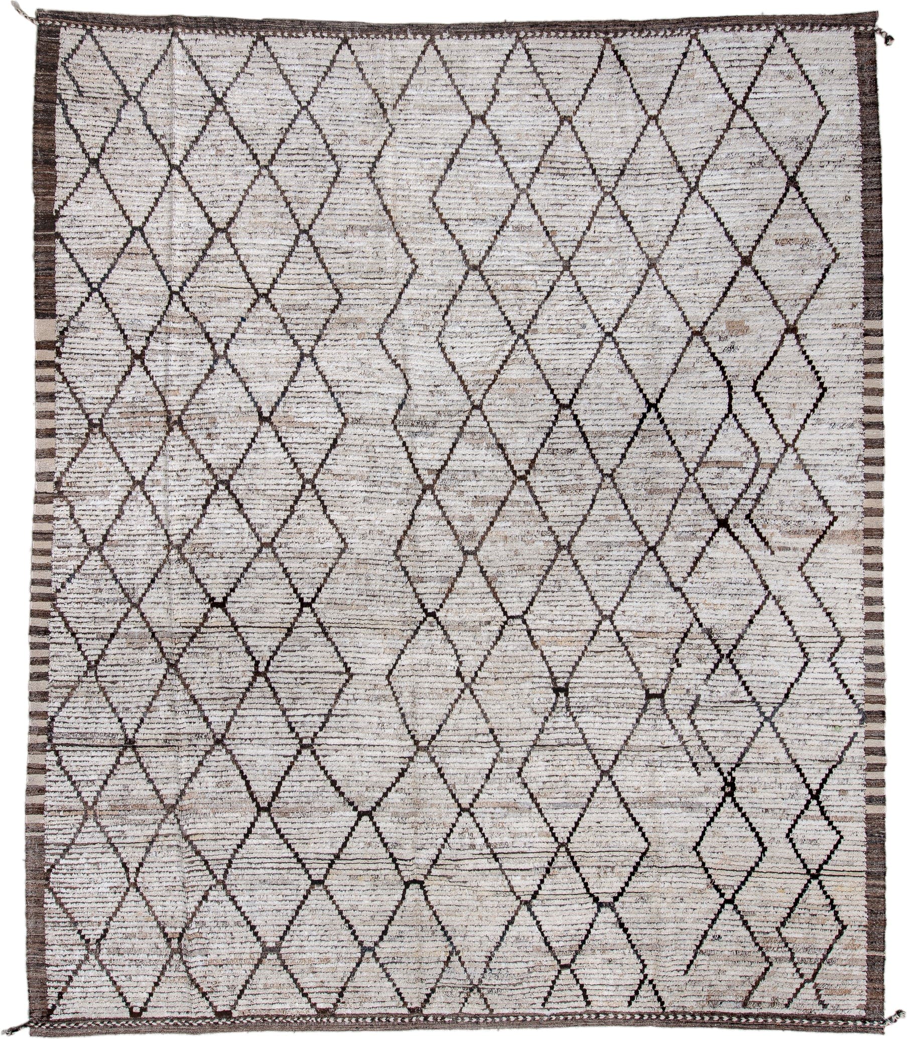 10' x 12' one-of-a-kind handmade vintage Tulu large size rug. Color palette: ivory, brown, taupe, charcoal, beige, gray
