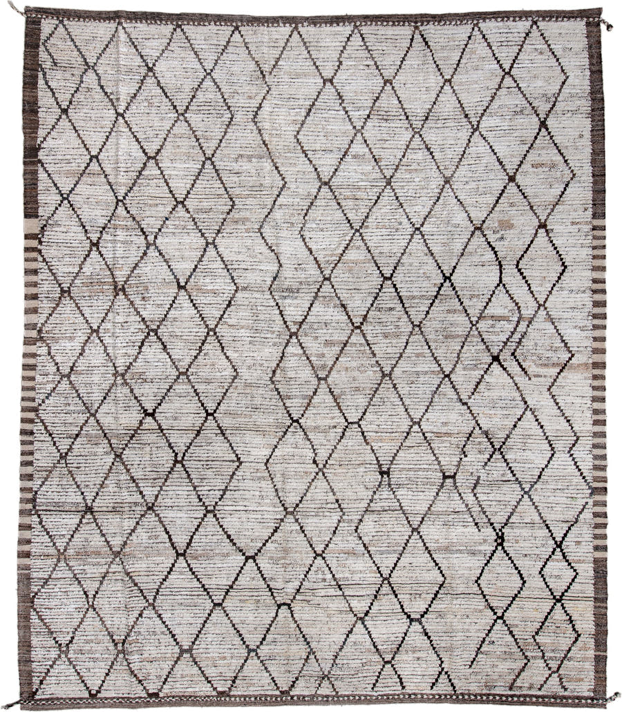 10' x 12' one-of-a-kind handmade vintage Tulu large size rug. Color palette: ivory, brown, taupe, charcoal, beige, gray