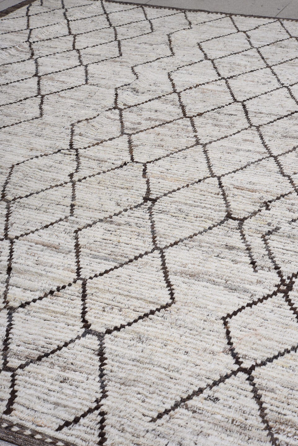 10' x 12' one-of-a-kind handmade vintage Tulu large size rug. Color palette: ivory, brown, taupe, charcoal, beige, gray