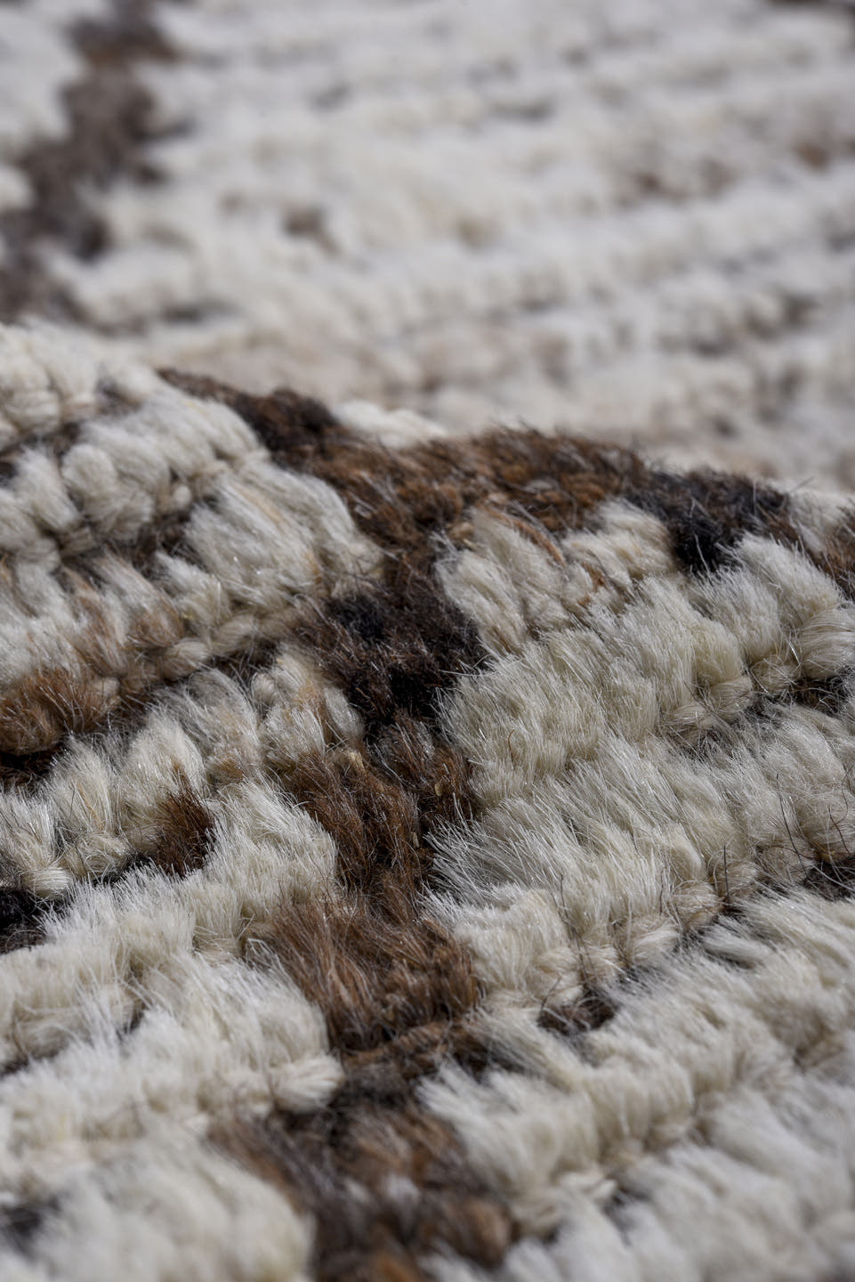 10' x 12' one-of-a-kind handmade vintage Tulu large size rug. Color palette: ivory, brown, taupe, charcoal, beige, gray