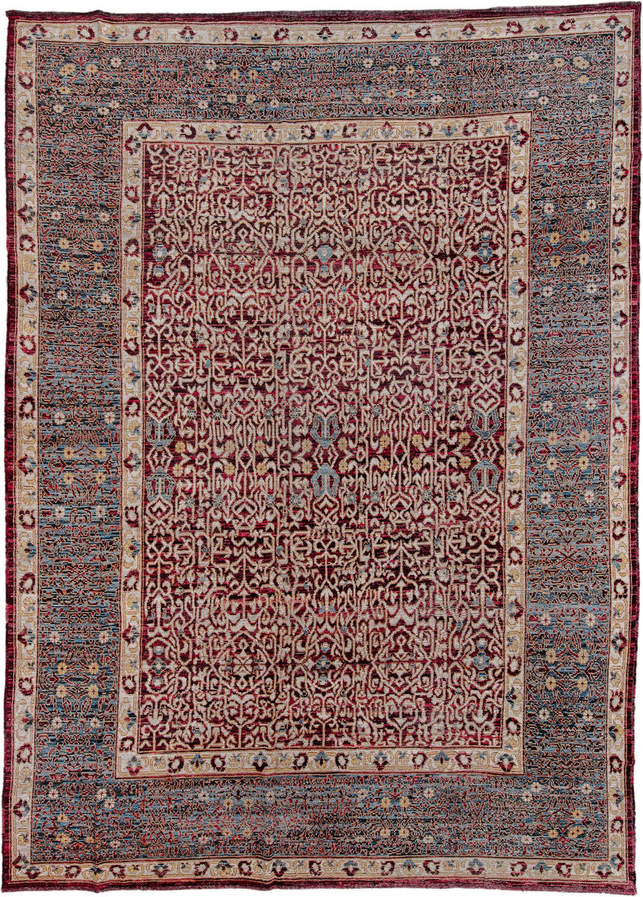 10' x 14' one-of-a-kind handmade vintage Khotan large size rug. Color palette: burgundy, ivory, slate, blue, rose, charcoal