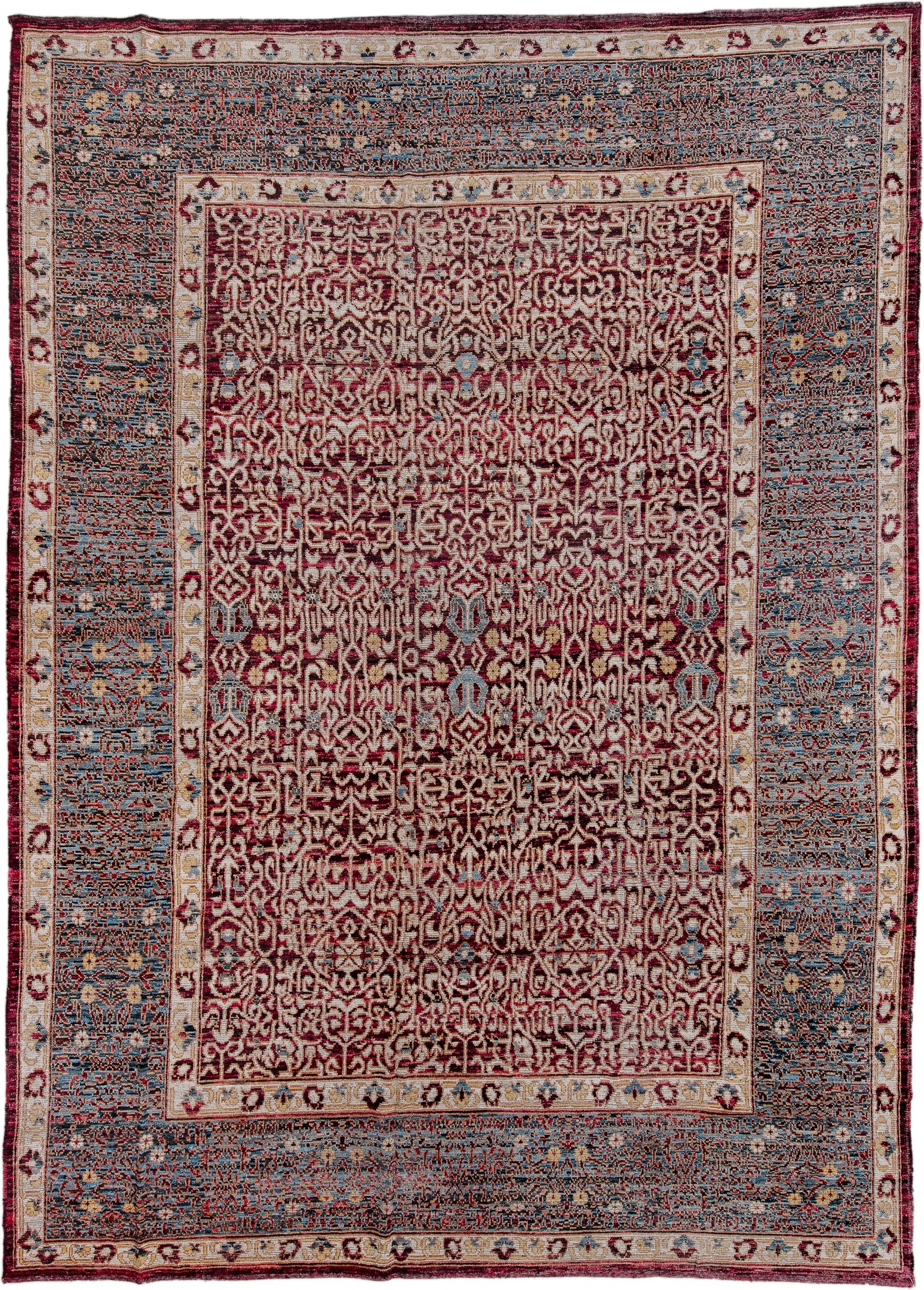 10' x 14' one-of-a-kind handmade vintage Khotan large size rug. Color palette: burgundy, ivory, slate, blue, rose, charcoal