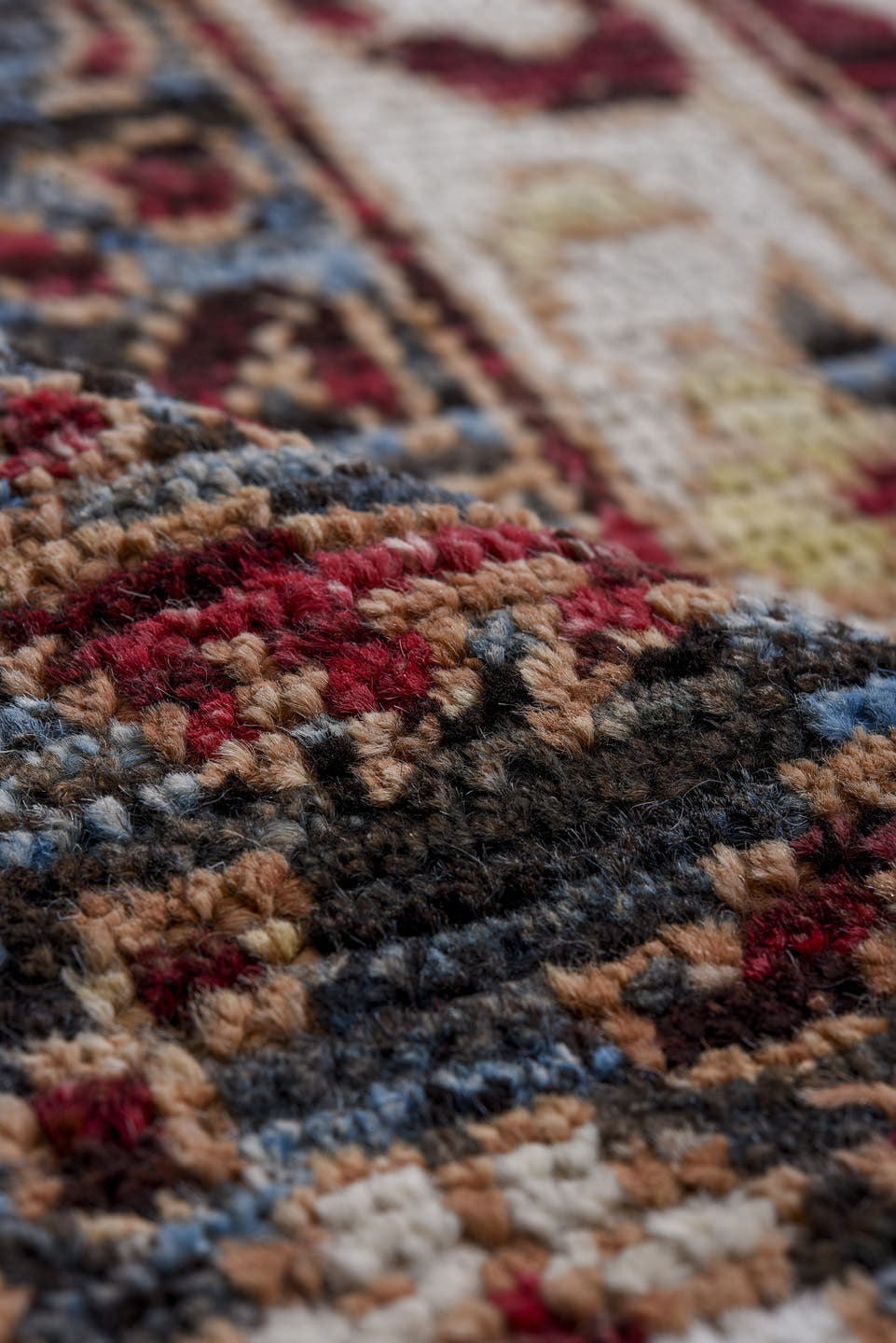10' x 14' one-of-a-kind handmade vintage Khotan large size rug. Color palette: burgundy, ivory, slate, blue, rose, charcoal