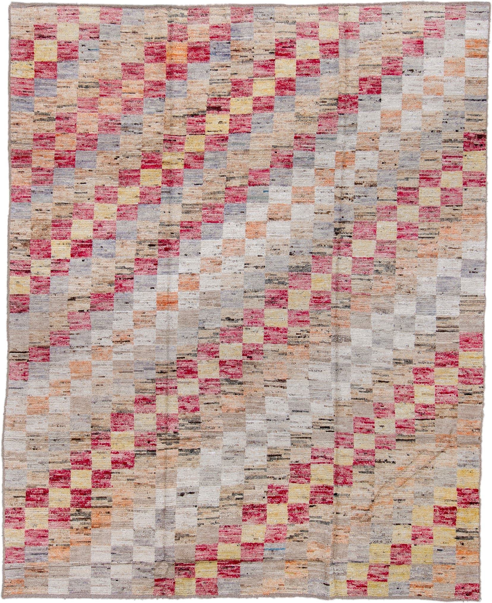 7' x 9' one-of-a-kind handmade vintage Tulu large size rug. Color palette: ivory, beige, rose, light gray, pale yellow