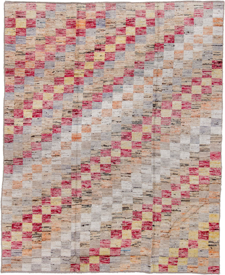 7' x 9' one-of-a-kind handmade vintage Tulu large size rug. Color palette: ivory, beige, rose, light gray, pale yellow