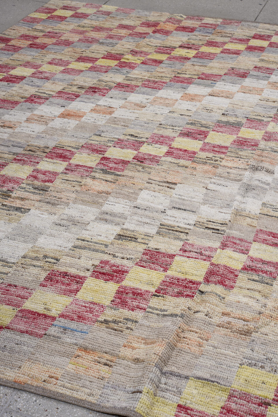 7' x 9' one-of-a-kind handmade vintage Tulu large size rug. Color palette: ivory, beige, rose, light gray, pale yellow