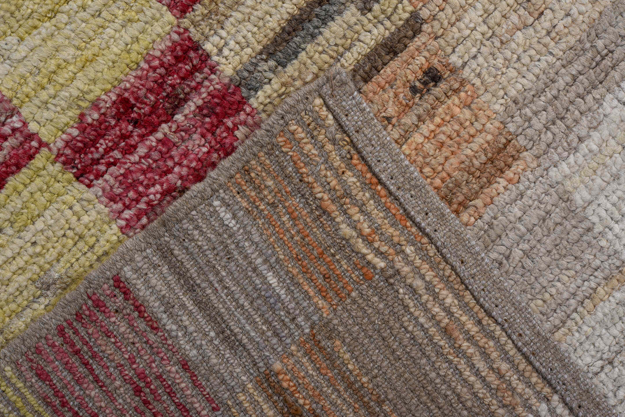 7' x 9' one-of-a-kind handmade vintage Tulu large size rug. Color palette: ivory, beige, rose, light gray, pale yellow