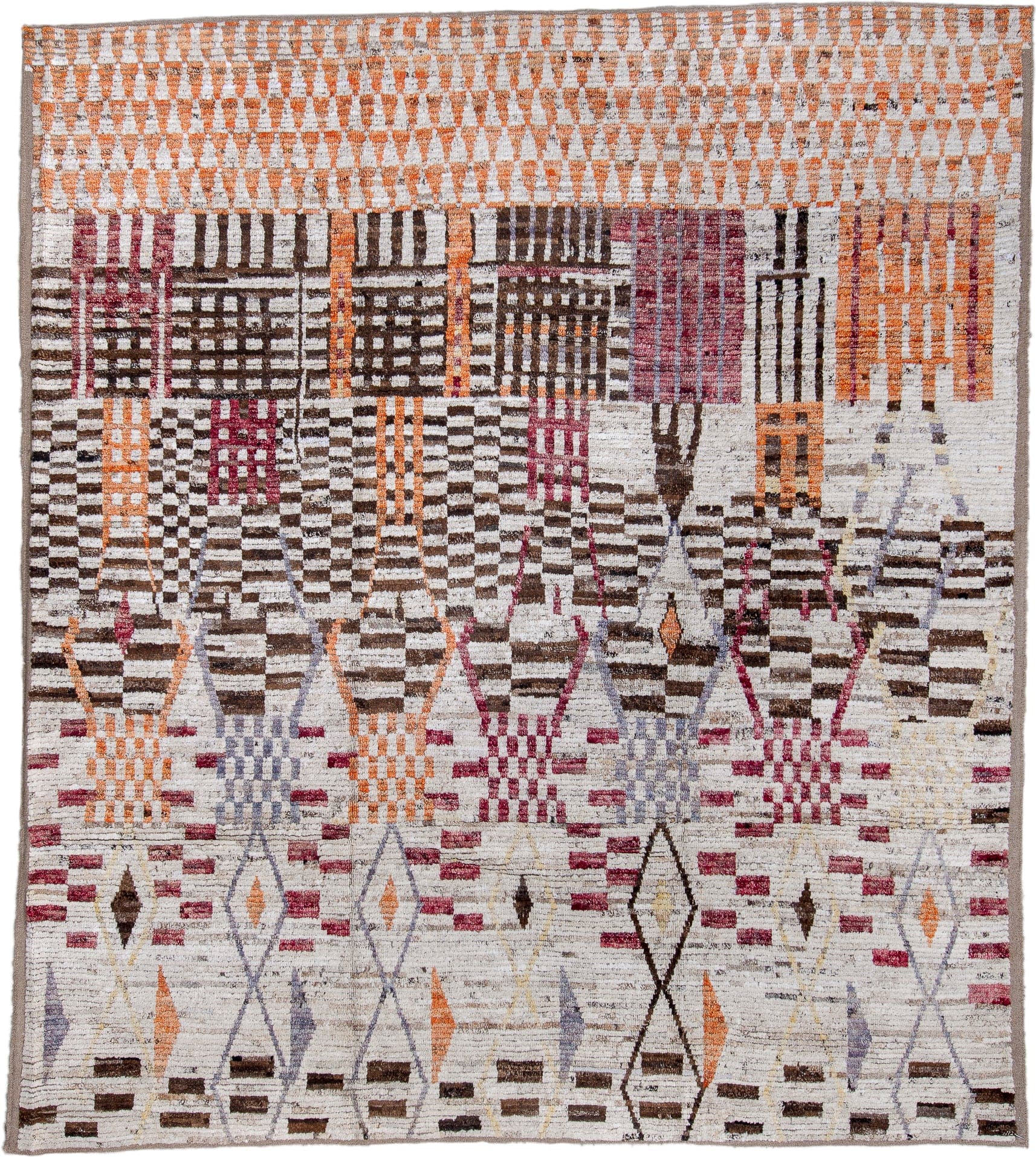 8' x 9' one-of-a-kind handmade vintage Tulu large size rug. Color palette: ivory, brown, rust, rose, lavender, taupe, gold