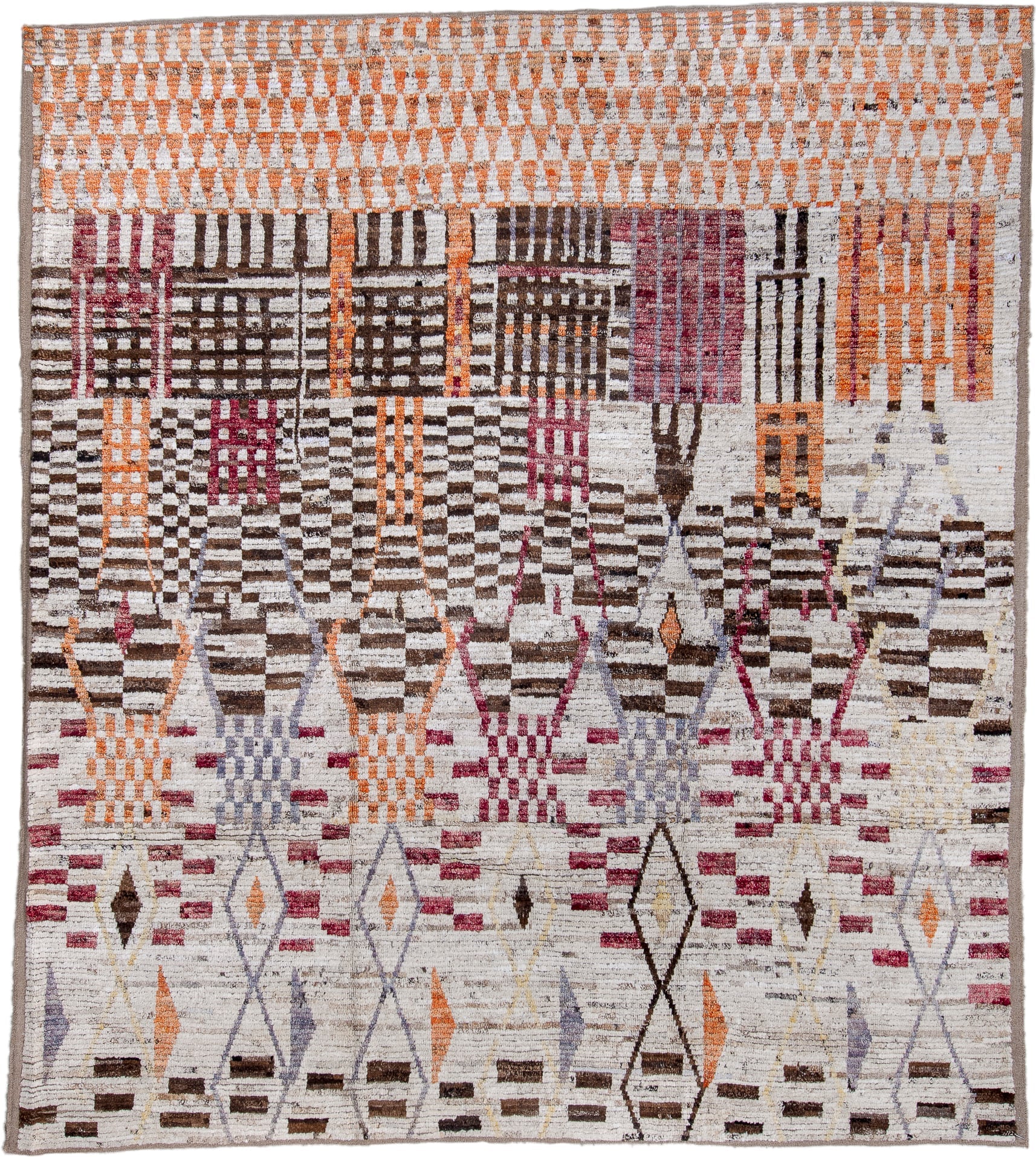 8' x 9' one-of-a-kind handmade vintage Tulu large size rug. Color palette: ivory, brown, rust, rose, lavender, taupe, gold