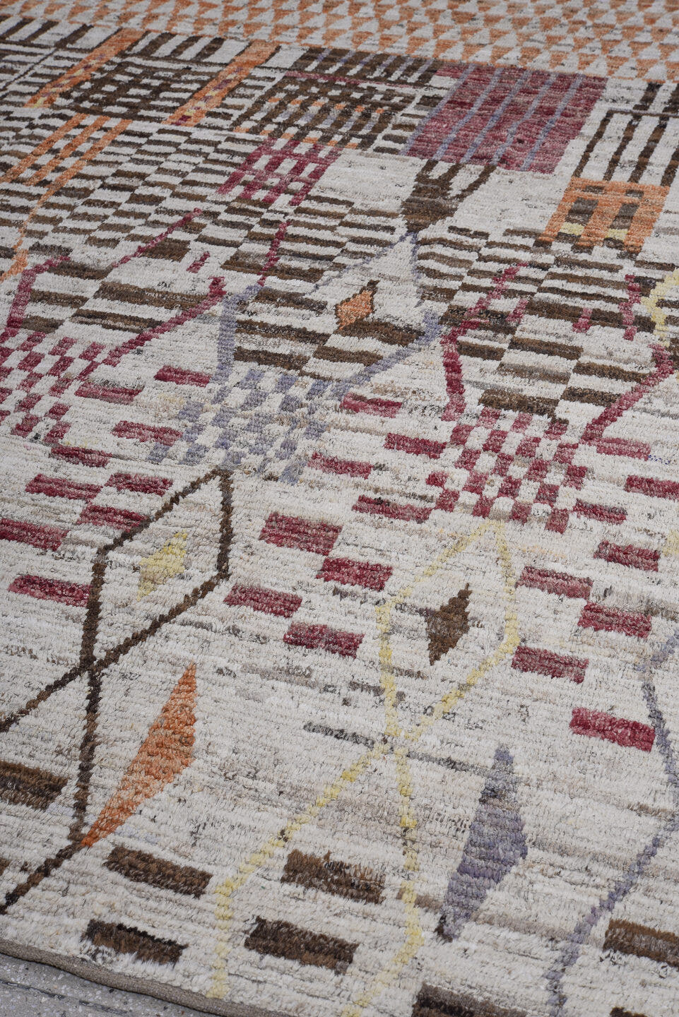 8' x 9' one-of-a-kind handmade vintage Tulu large size rug. Color palette: ivory, brown, rust, rose, lavender, taupe, gold