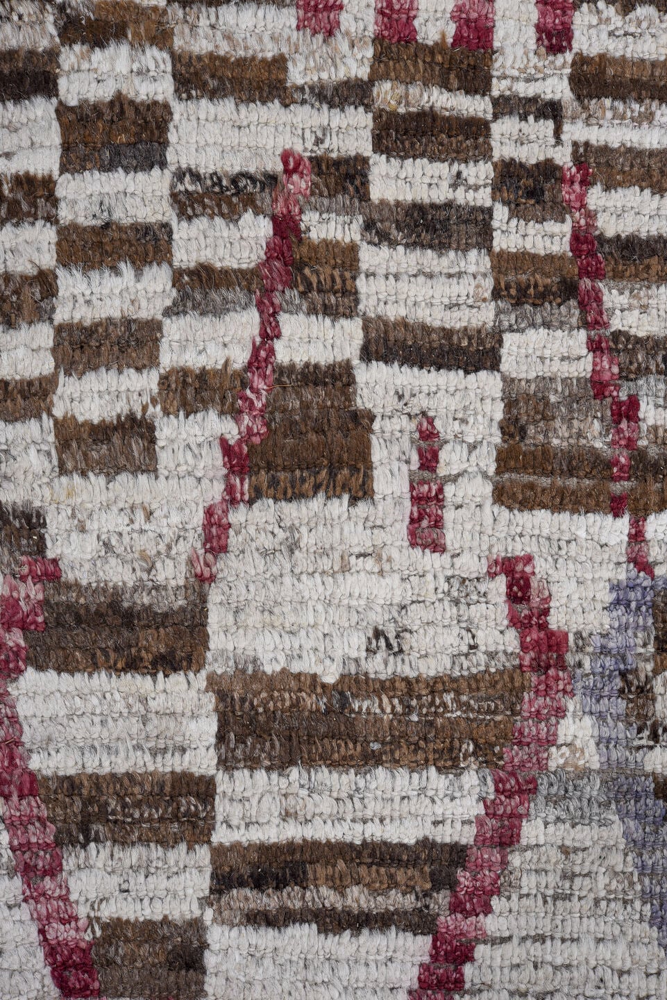 8' x 9' one-of-a-kind handmade vintage Tulu large size rug. Color palette: ivory, brown, rust, rose, lavender, taupe, gold