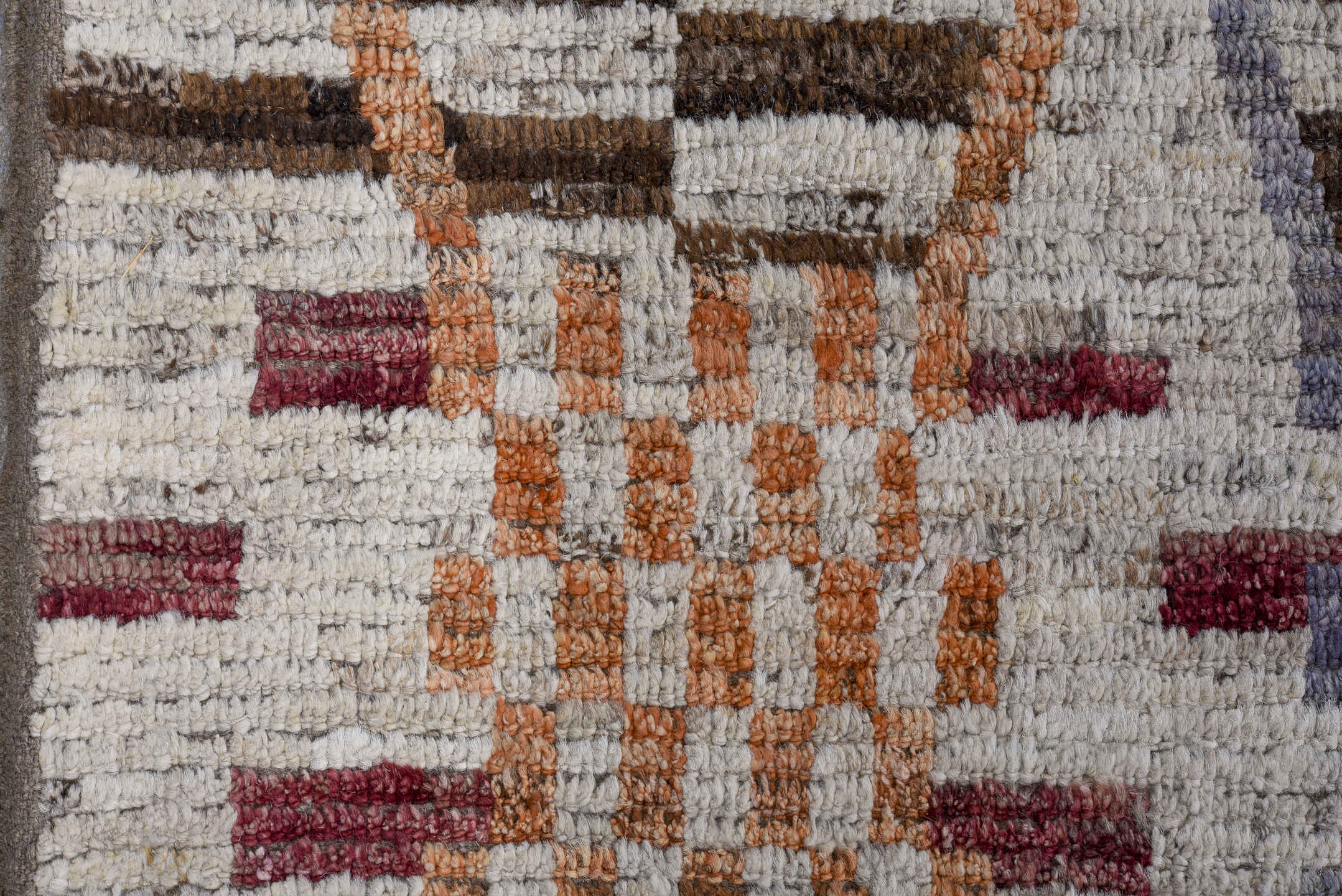 8' x 9' one-of-a-kind handmade vintage Tulu large size rug. Color palette: ivory, brown, rust, rose, lavender, taupe, gold